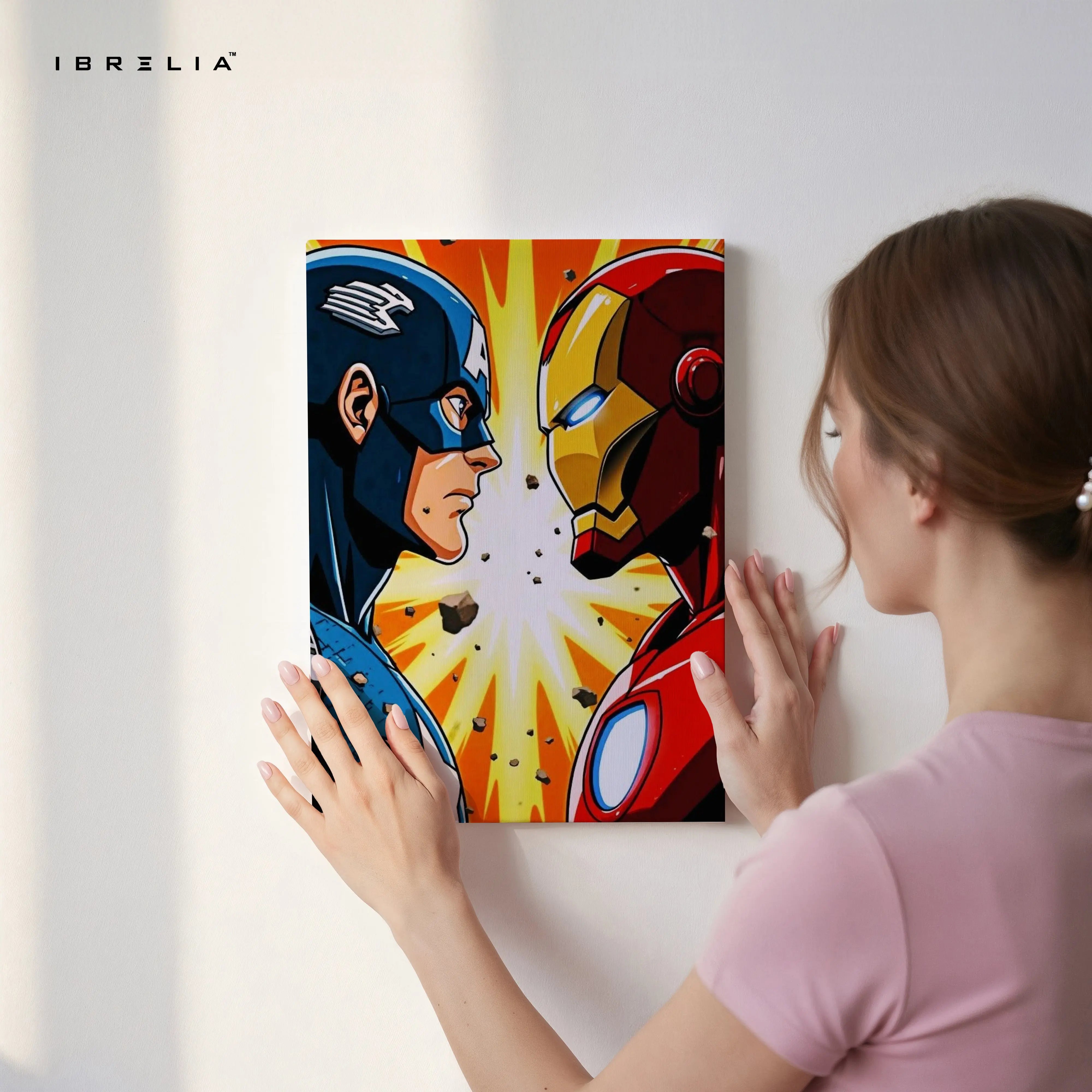Heroes Face-Off Pop Art – Iconic Superhero Clash Wall Art | 4K Ultra Wrap Frame Wall Art in Pakistan | IBRELIA™ IBRELIA