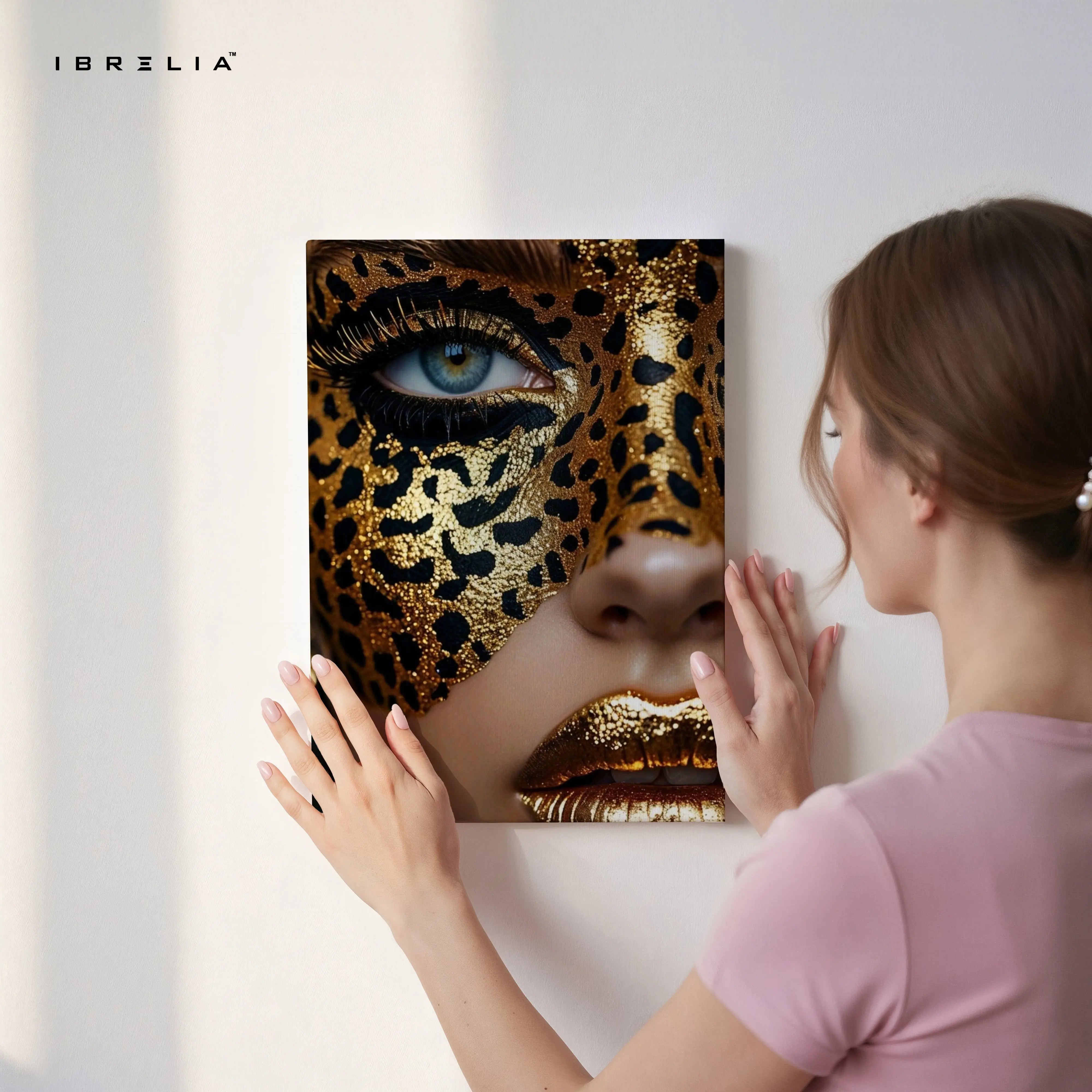 Golden Leopard Mask Beauty Art – 4K Ultra Wrap Frame Wall Art in Pakistan | IBRELIA™ IBRELIA