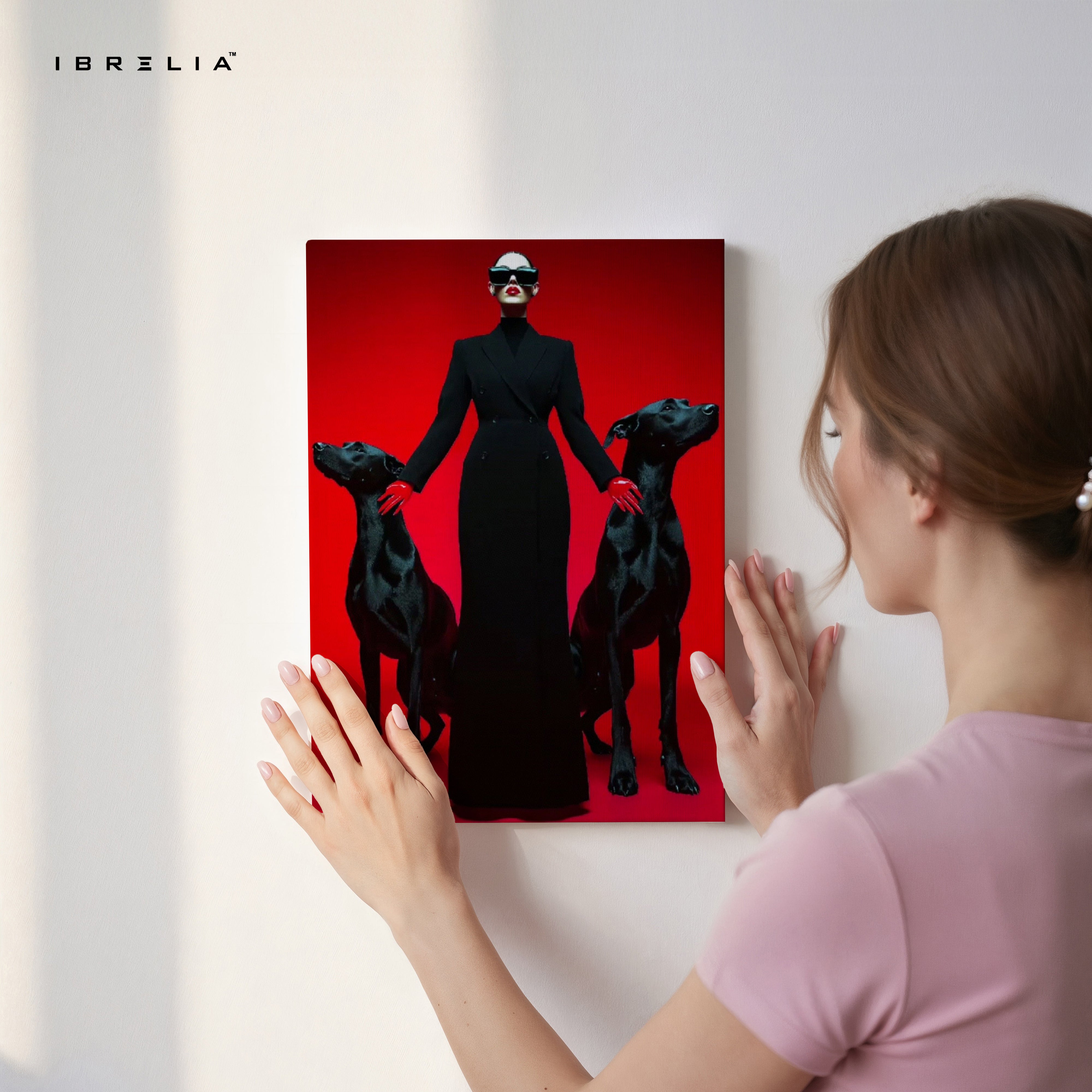 Dominance & Elegance – Fashion Woman with Dobermans 4K Ultra Wrap Frame Wall Art in Pakistan | IBRELIA™
