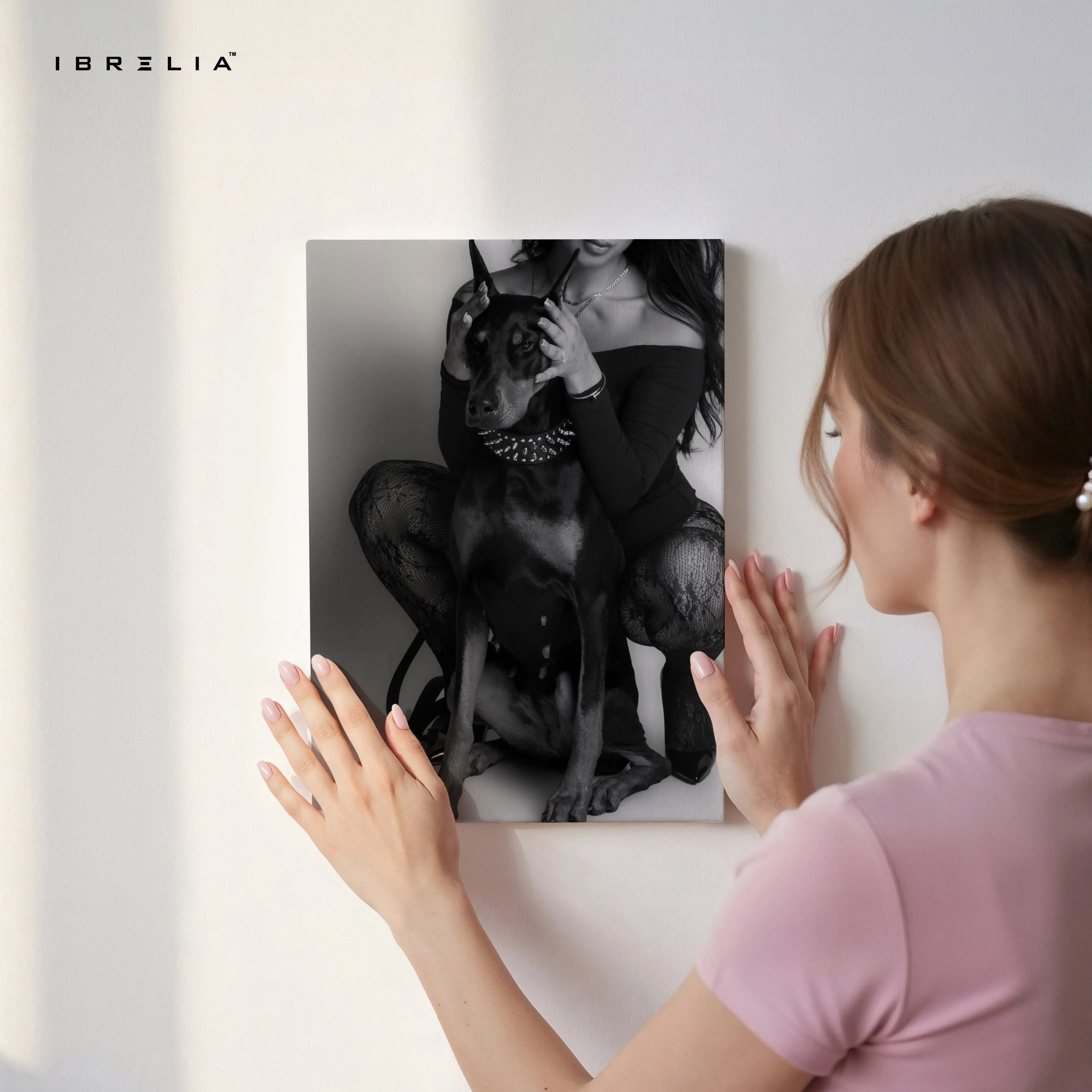 Elegant Doberman with Owner – Black & White Luxury 4K Ultra Wrap Frame Wall Art in Pakistan | IBRELIA™ IBRELIA