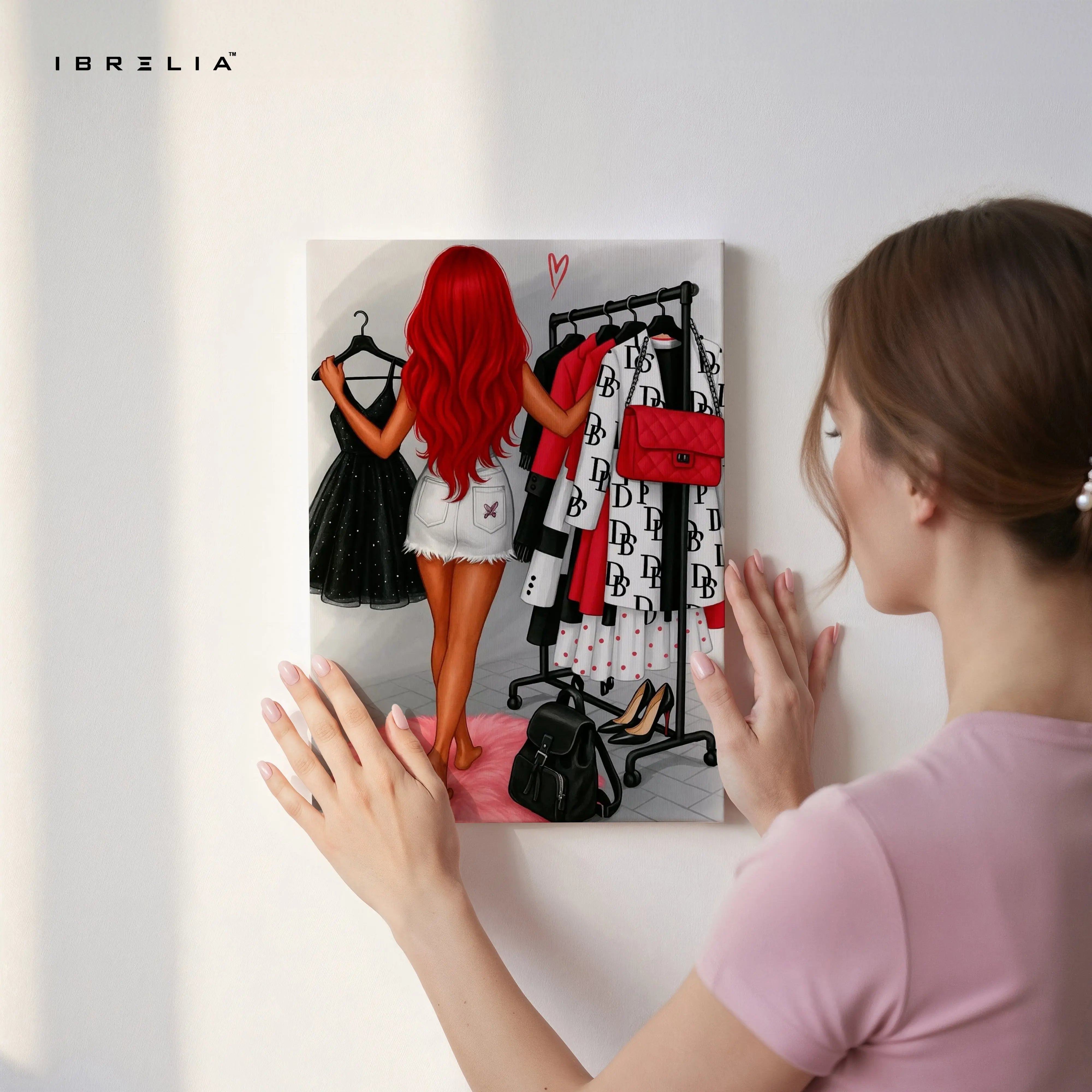 Red Hair Fashion Closet Art – 4K Ultra Wrap Frame Wall Art in Pakistan | IBRELIA™ IBRELIA