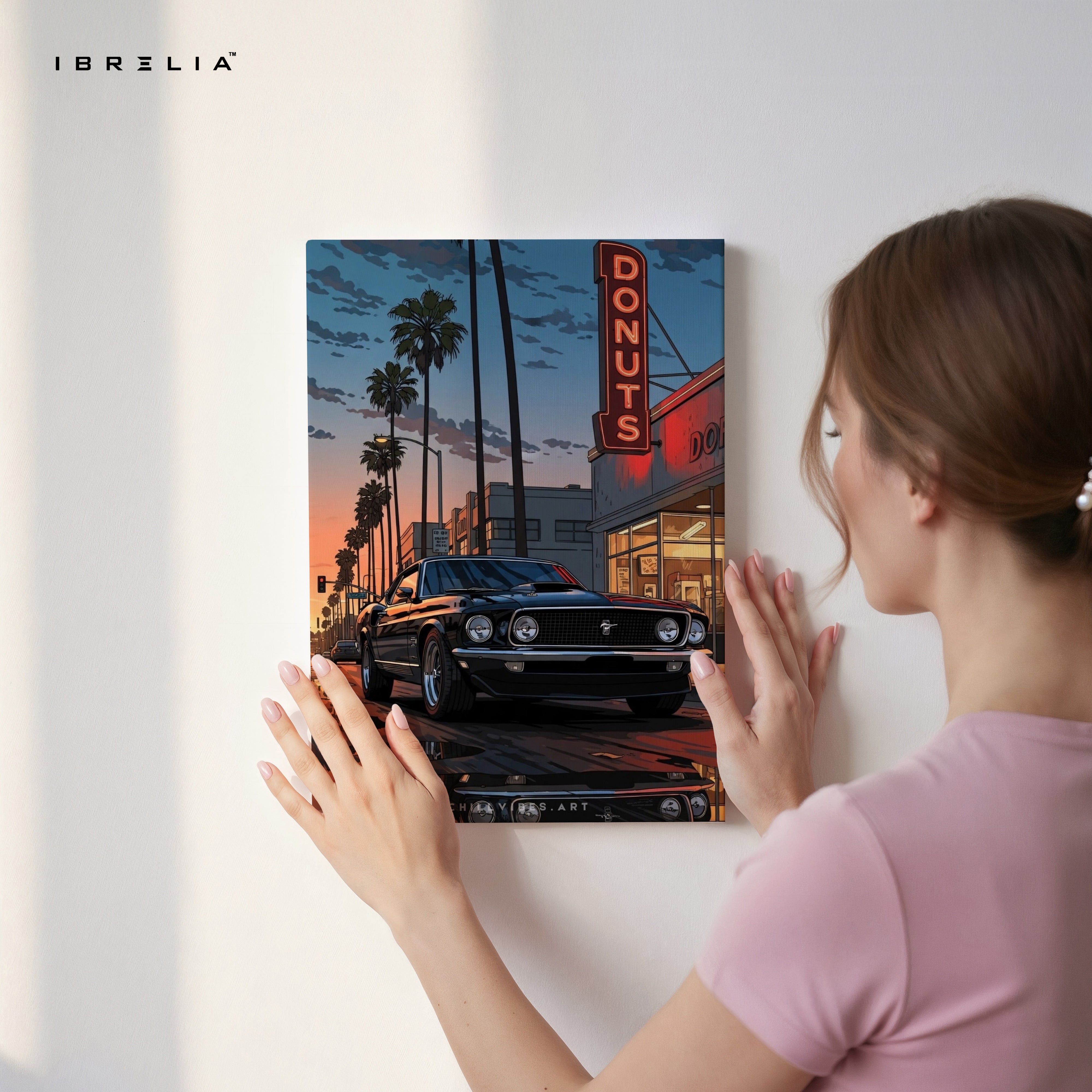 Sunset Drive Donut Stop – Retro Muscle Car Noir Art | 4K Ultra Wrap Frame Wall Art in Pakistan | IBRELIA™