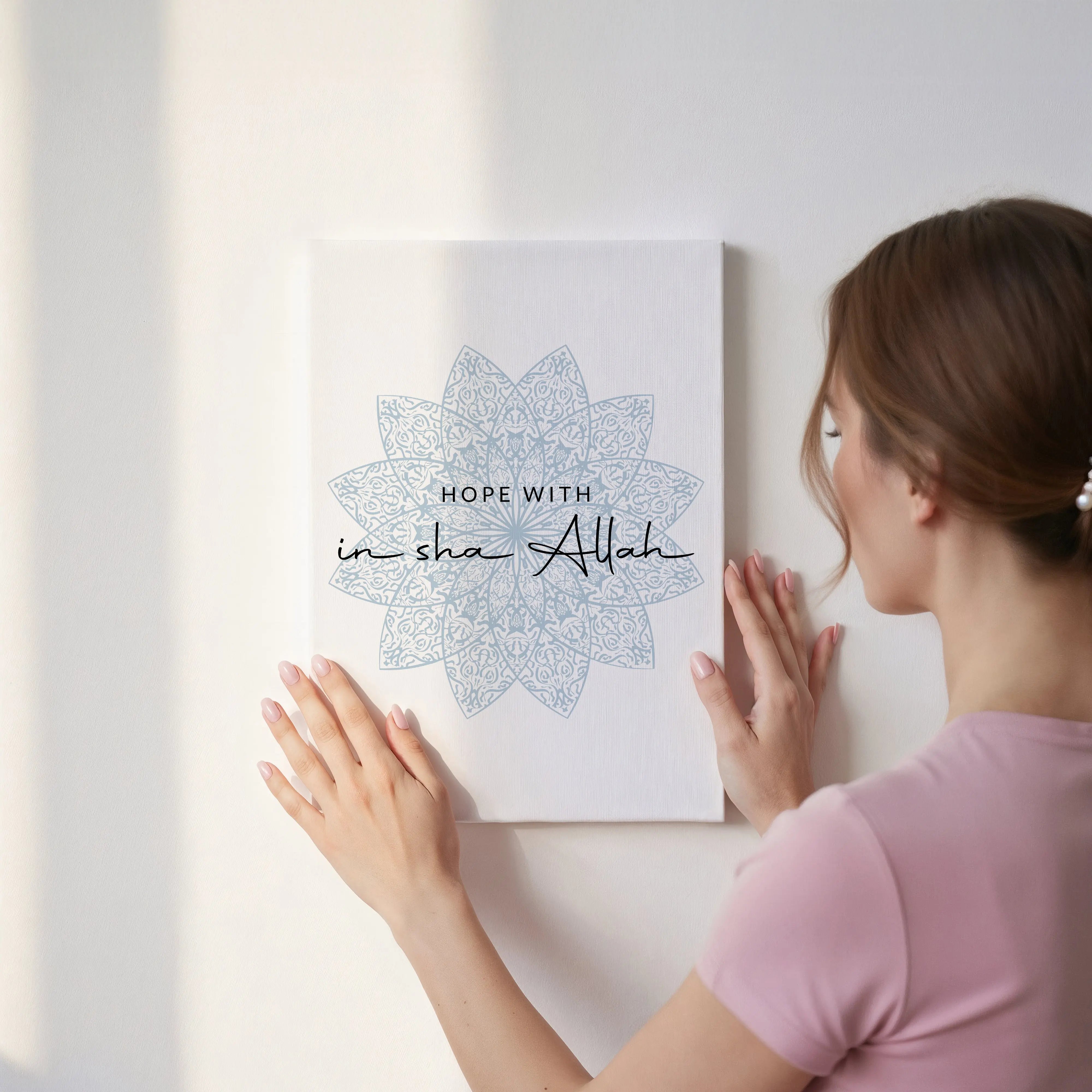 Hope With Insha Allah Islamic Wall Art – Soft Blue Mandala Design | 4K Ultra Wrap Frame Wall Art in Pakistan | IBRELIA™ IBRELIA