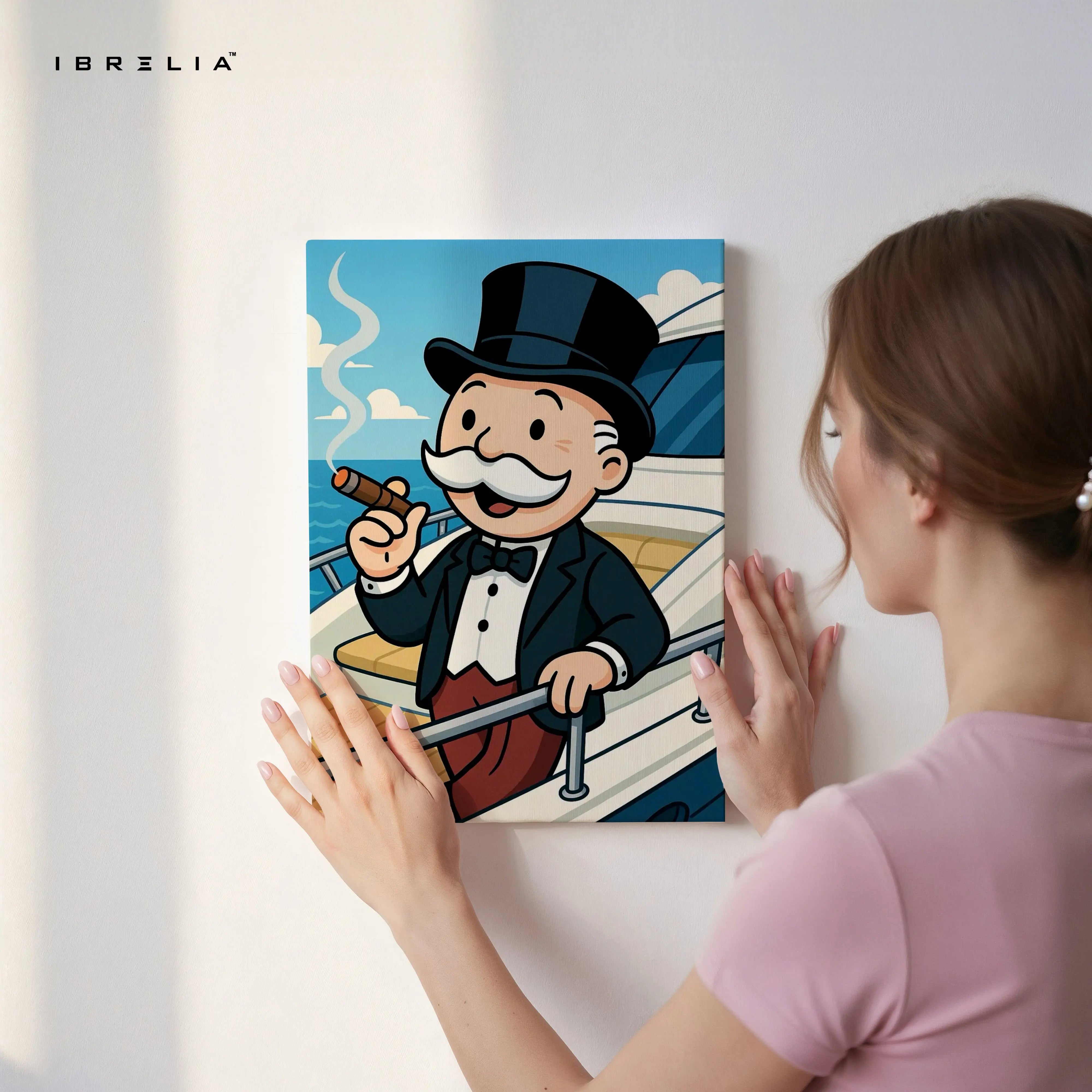 Classic Gentleman Voyage – Cartoon Tycoon Yacht Art | 4K Ultra Wrap Frame Wall Art in Pakistan | IBRELIA™ IBRELIA