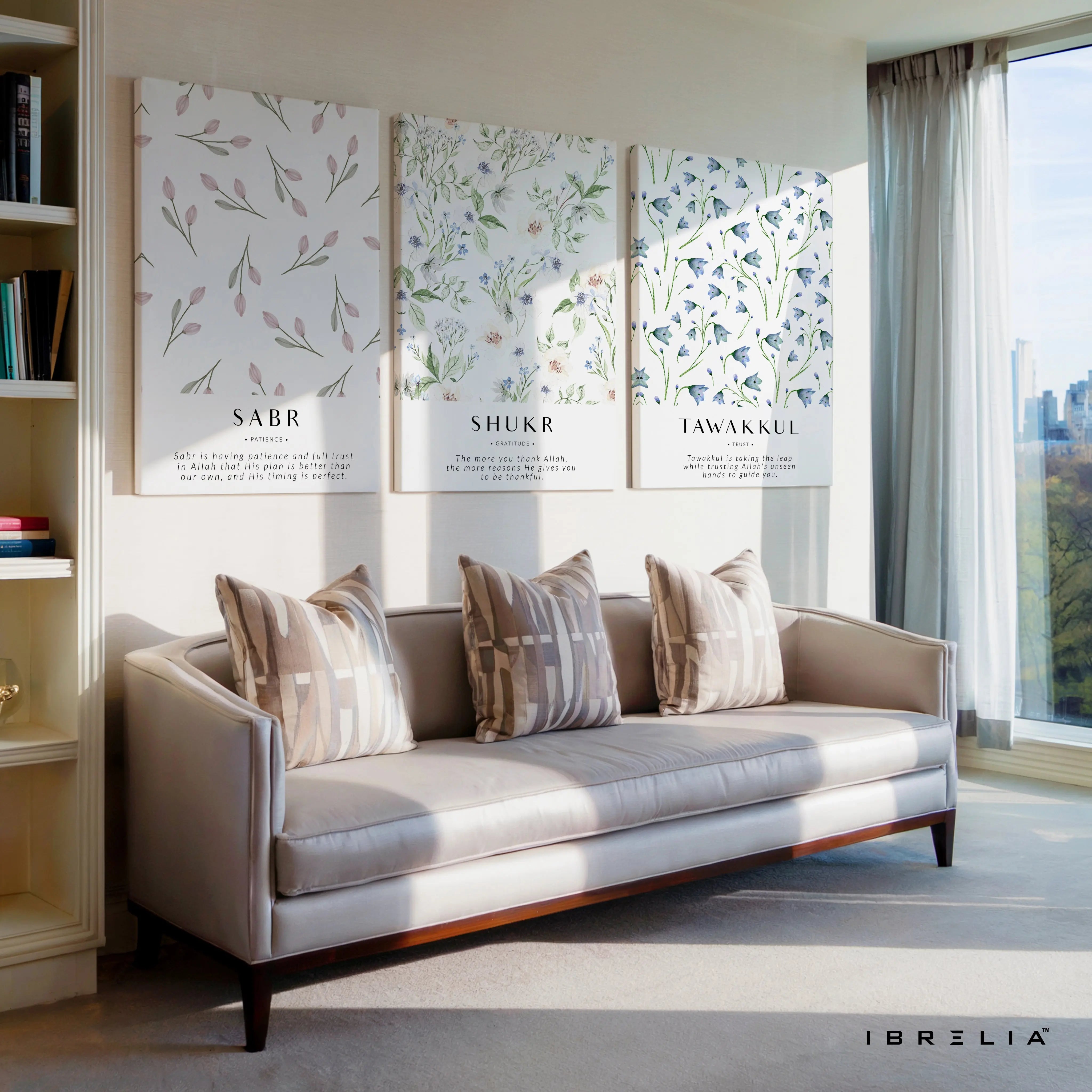 Sabr Shukr Tawakkul Botanical Islamic 3 Panel 4K Ultra HD Wall Art in Pakistan | IBRELIA™ IBRELIA