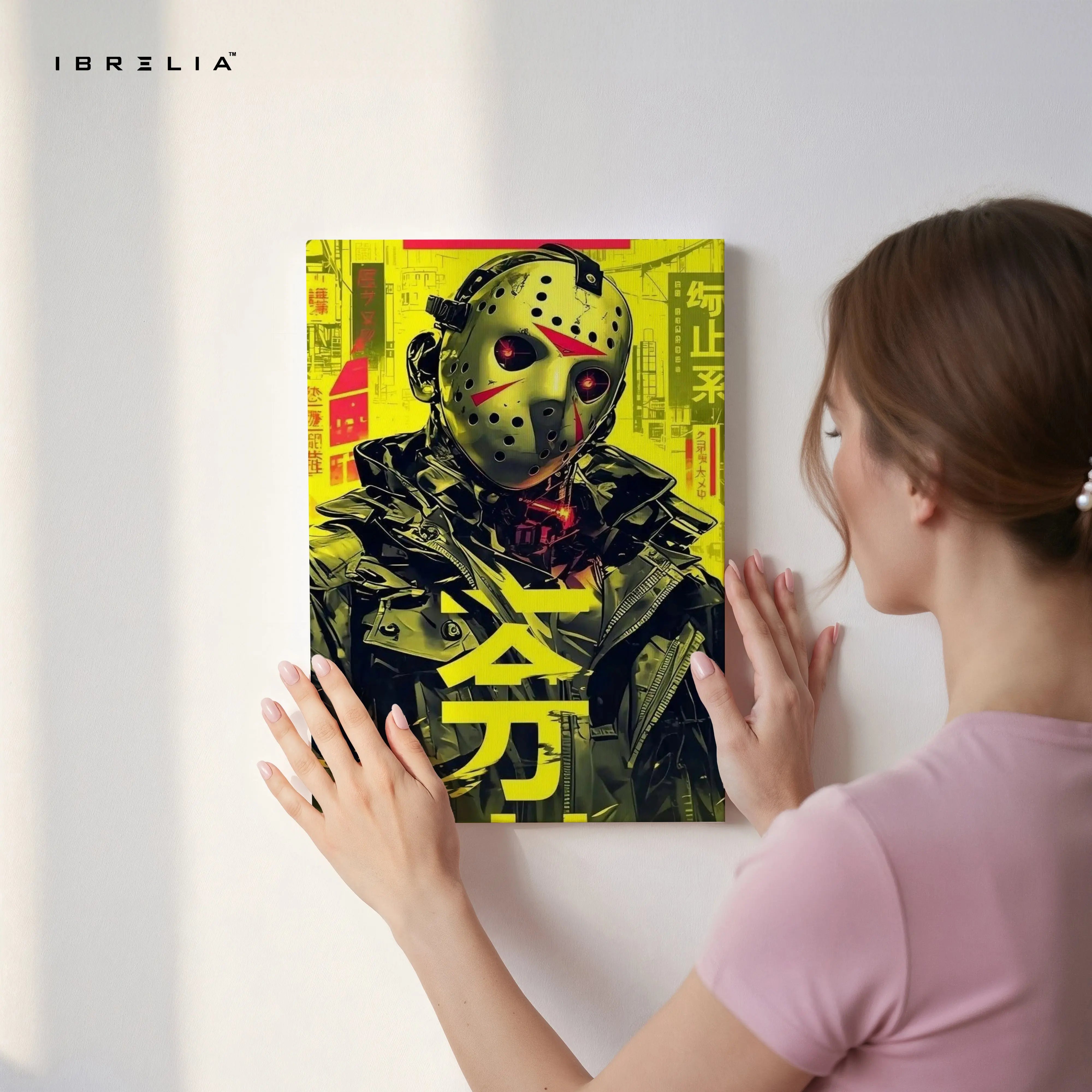 Cyberpunk Jason Mask Art – Neon Horror 4K Ultra Wrap Frame Wall Art in Pakistan | IBRELIA™ IBRELIA