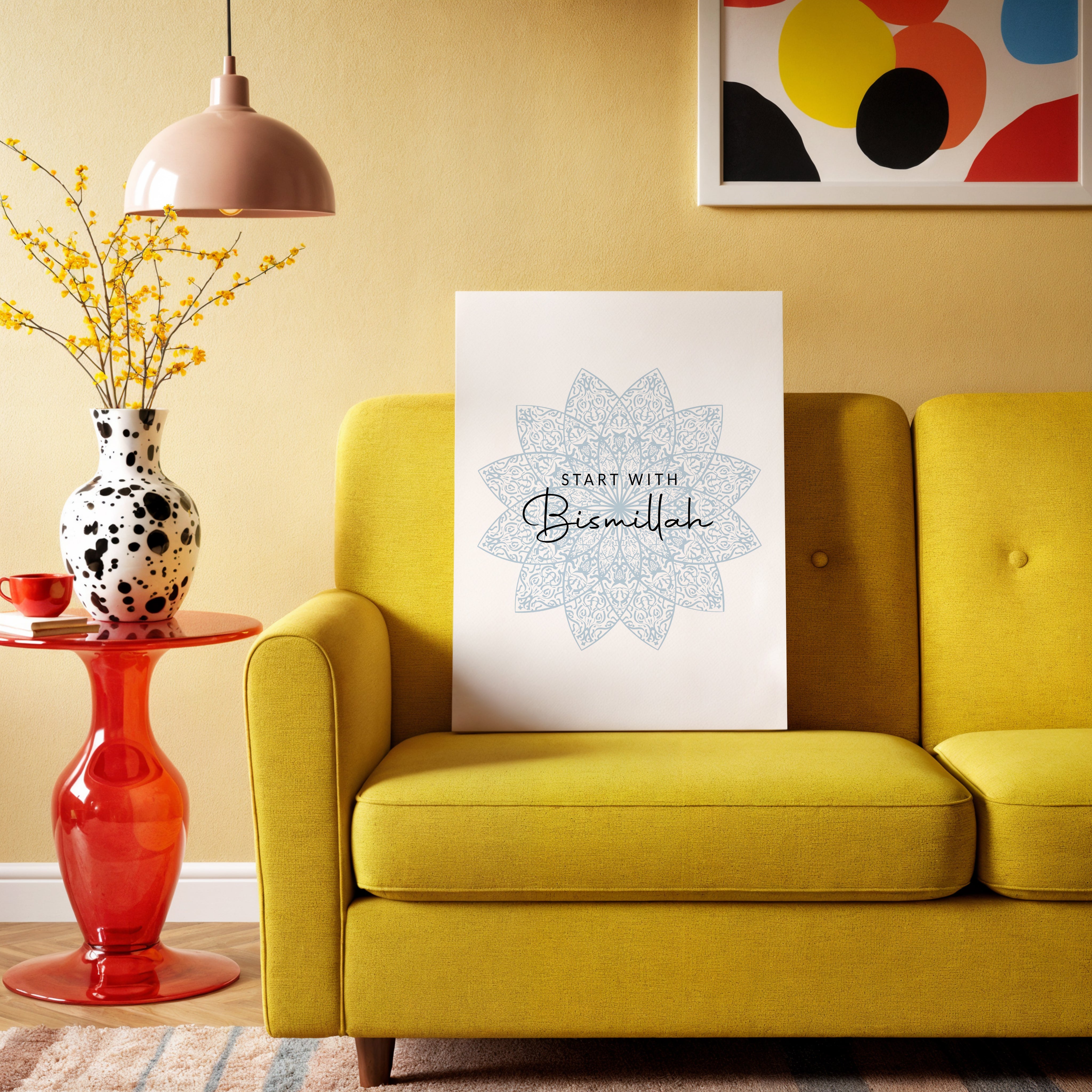 Start With Bismillah Islamic Wall Art – Soft Blue Mandala Design | 4K Ultra Wrap Frame Wall Art in Pakistan | IBRELIA™