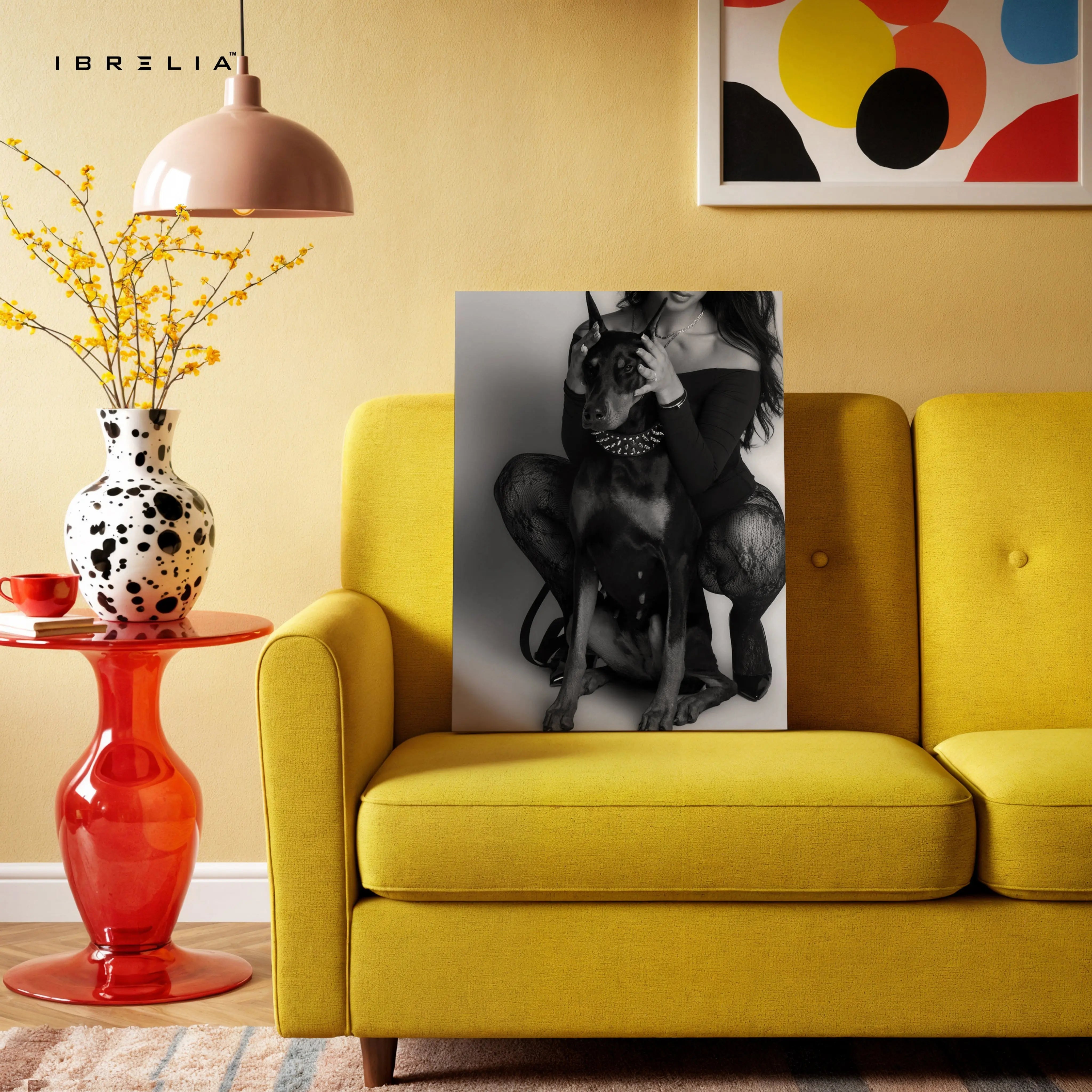Elegant Doberman with Owner – Black & White Luxury 4K Ultra Wrap Frame Wall Art in Pakistan | IBRELIA™ IBRELIA