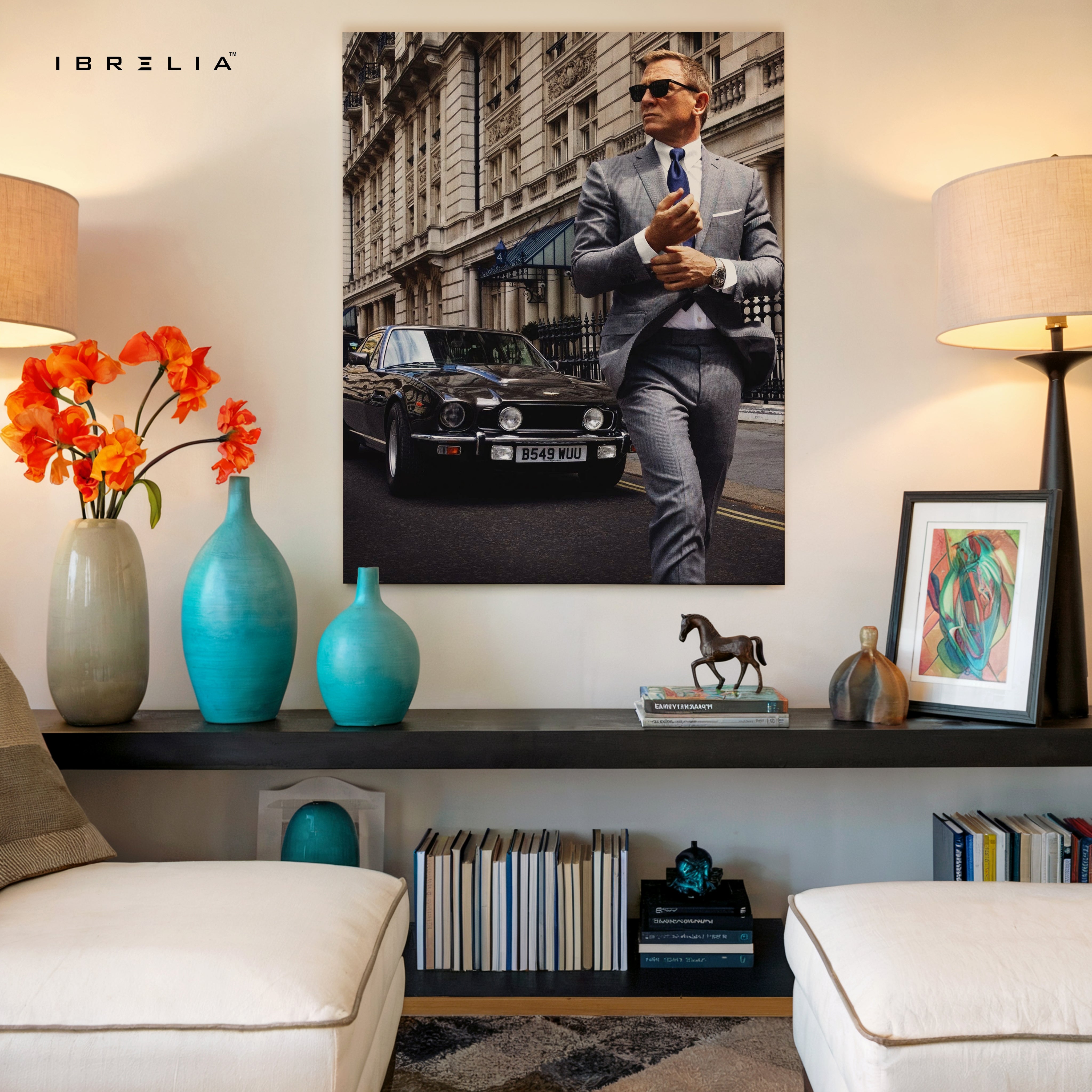 James Bond Street Elegance – 007 Suit & Aston Martin Cinematic 4K Ultra Wrap Frame Wall Art in Pakistan | IBRELIA™ IBRELIA