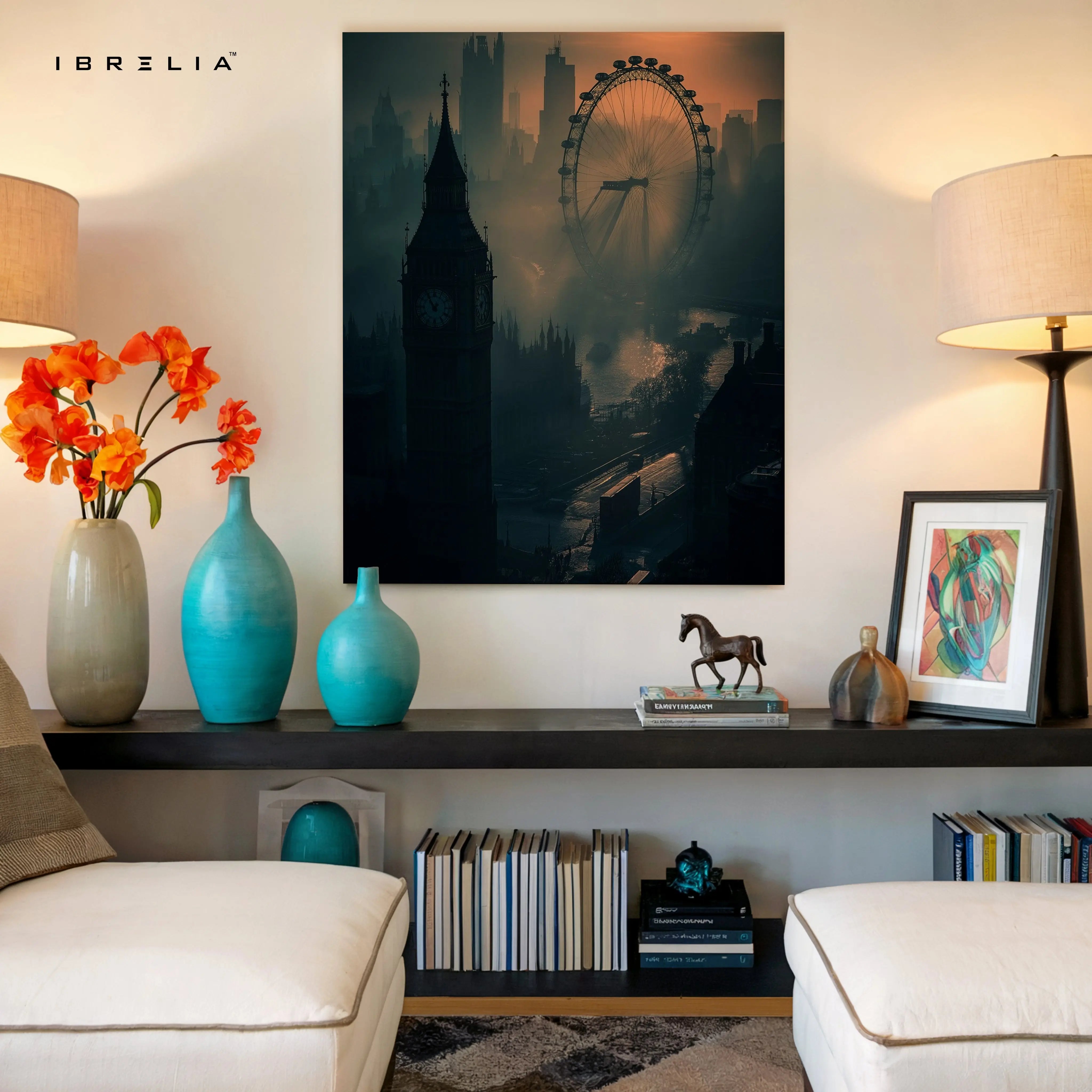 London Noir Skyline Art – Big Ben & London Eye Cinematic Wall Art | 4K Ultra Wrap Frame Wall Art in Pakistan | IBRELIA™ IBRELIA