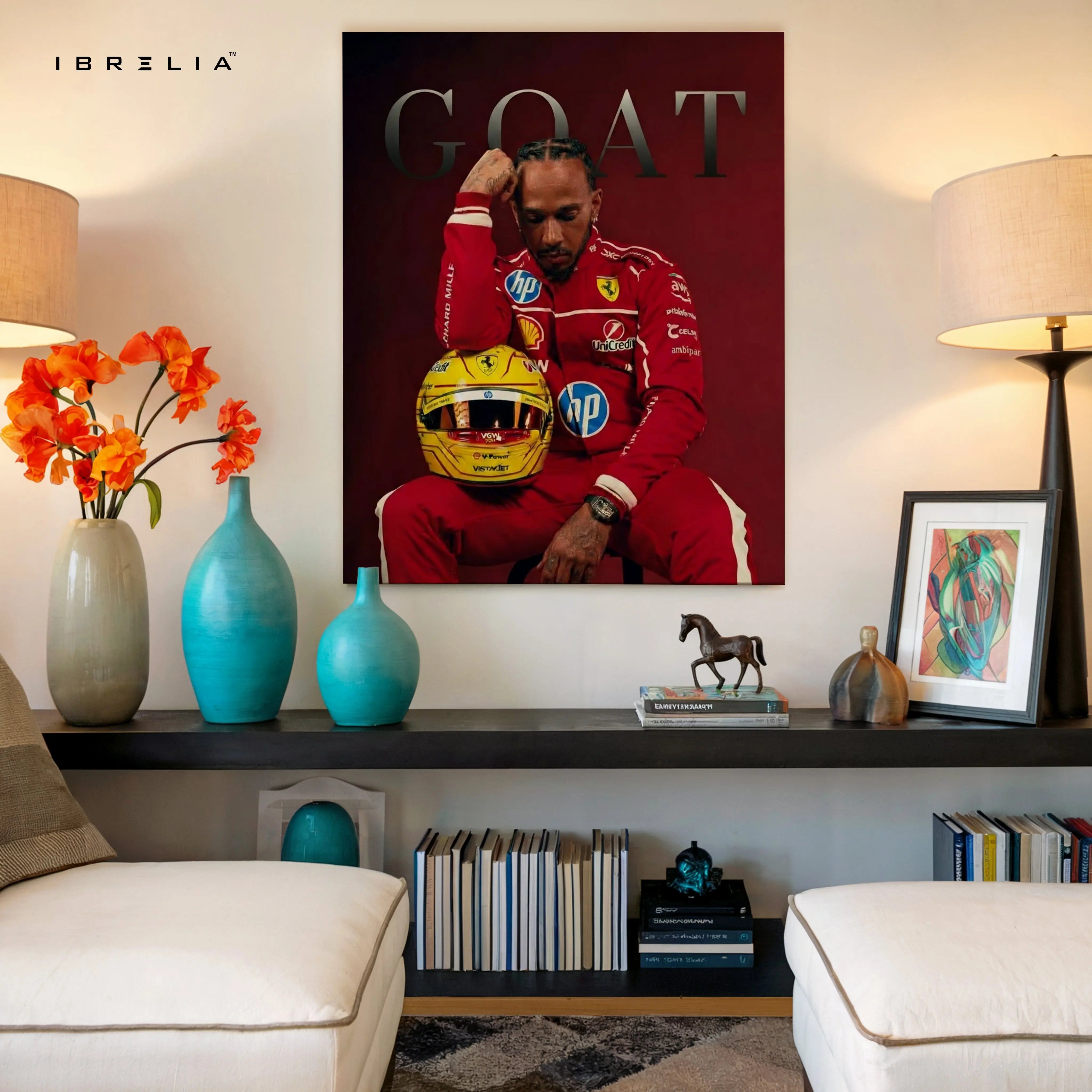 Lewis Hamilton “GOAT” Ferrari Portrait Art – 4K Ultra Wrap Frame Wall Art in Pakistan | IBRELIA™ IBRELIA