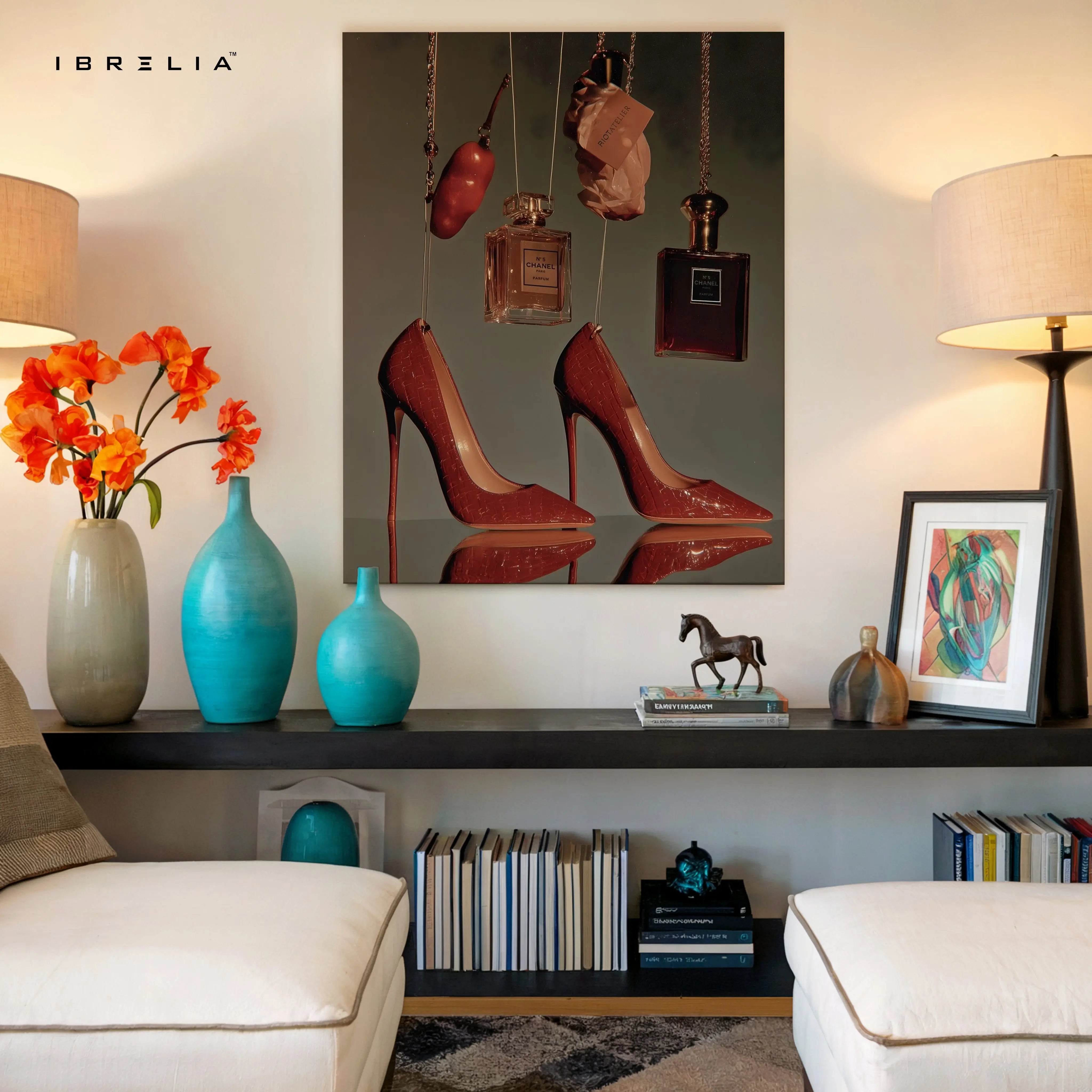 Luxury Heels & Perfume Still Life Art – 4K Ultra Wrap Frame Wall Art in Pakistan | IBRELIA™ IBRELIA