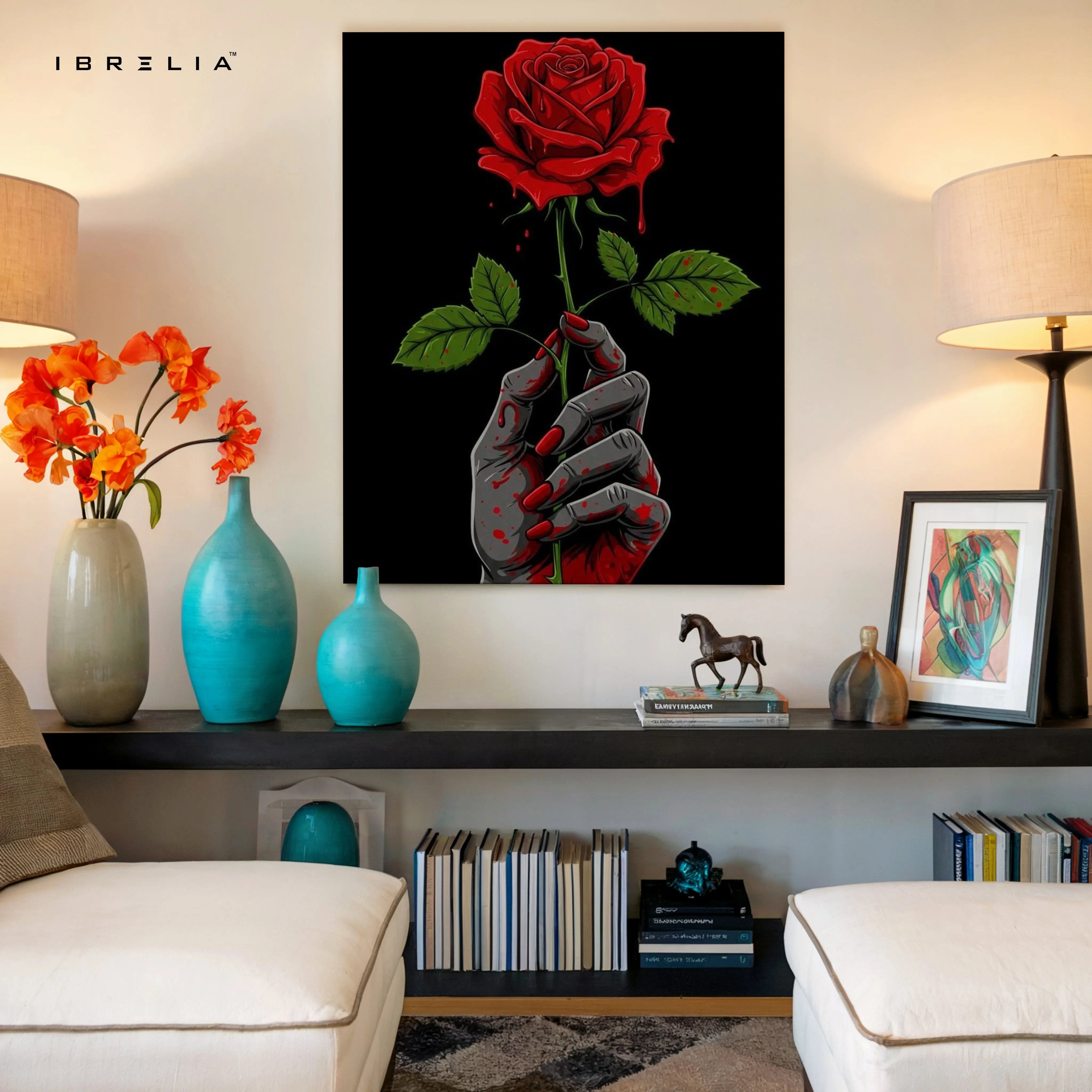 Crimson Bloom Hand – Dark Symbolic Rose Art | 4K Ultra Wrap Frame Wall Art in Pakistan | IBRELIA™ IBRELIA