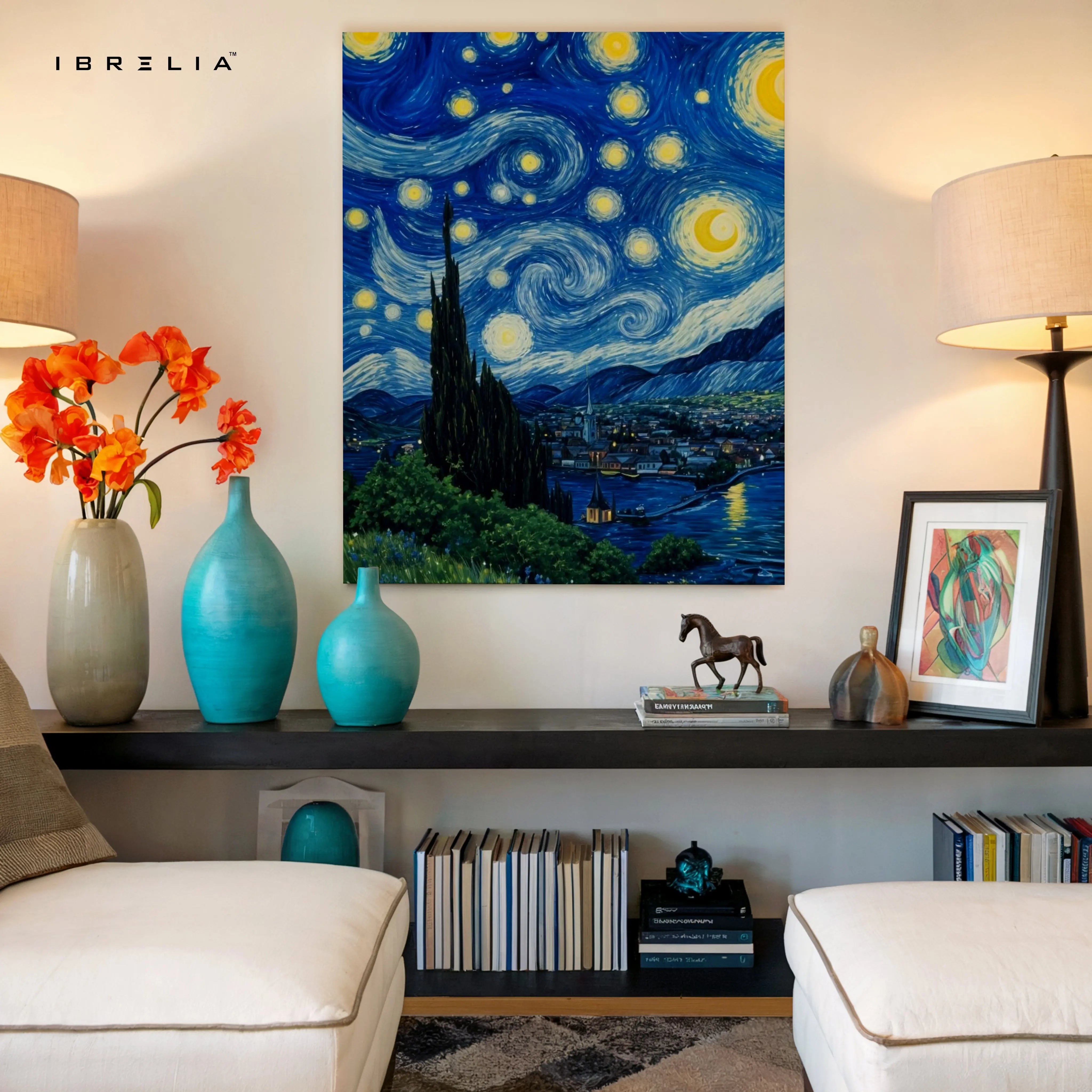 Starry Night Noir Art – Iconic Swirling Sky Wall Art | 4K Ultra Wrap Frame Wall Art in Pakistan | IBRELIA™ IBRELIA
