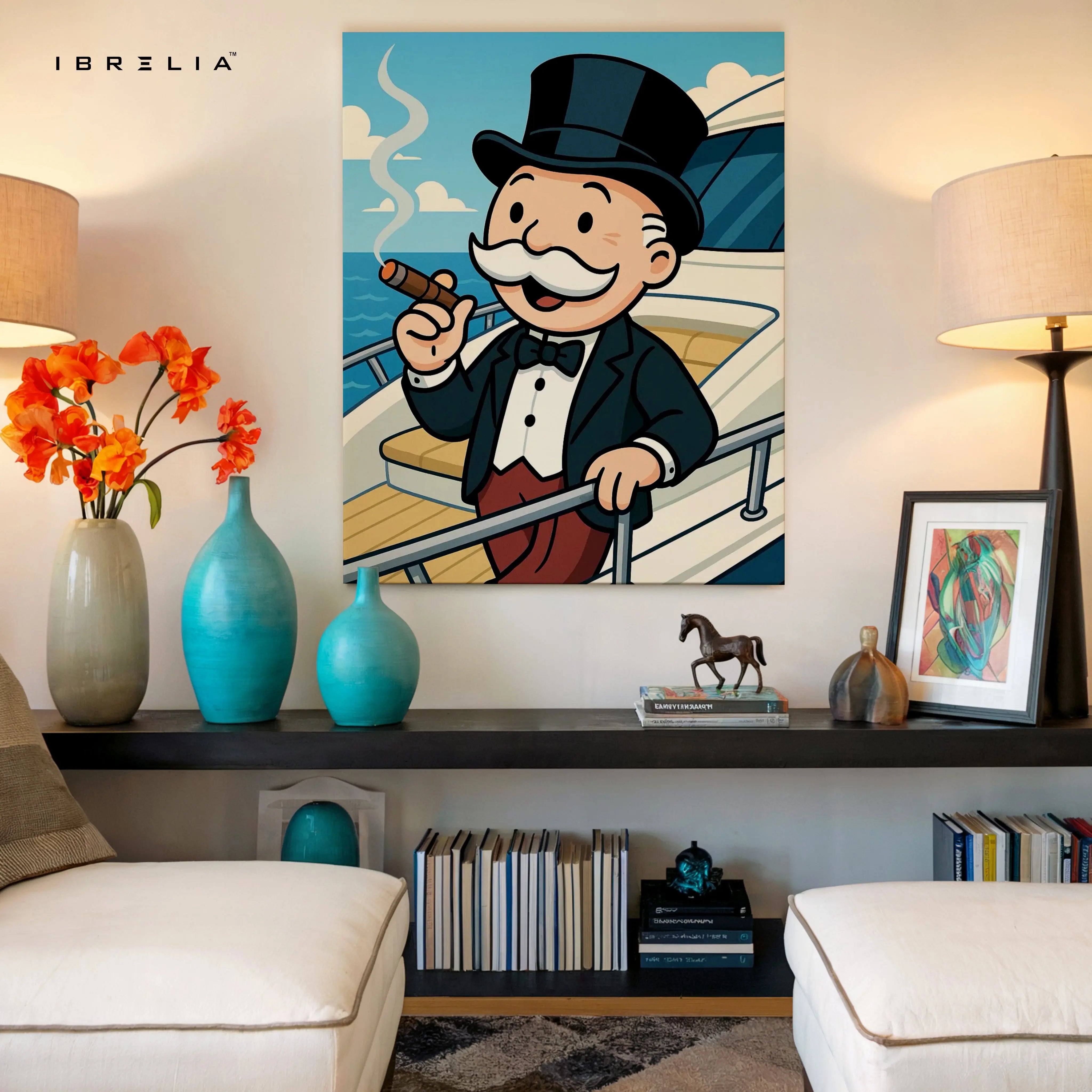 Classic Gentleman Voyage – Cartoon Tycoon Yacht Art | 4K Ultra Wrap Frame Wall Art in Pakistan | IBRELIA™ IBRELIA