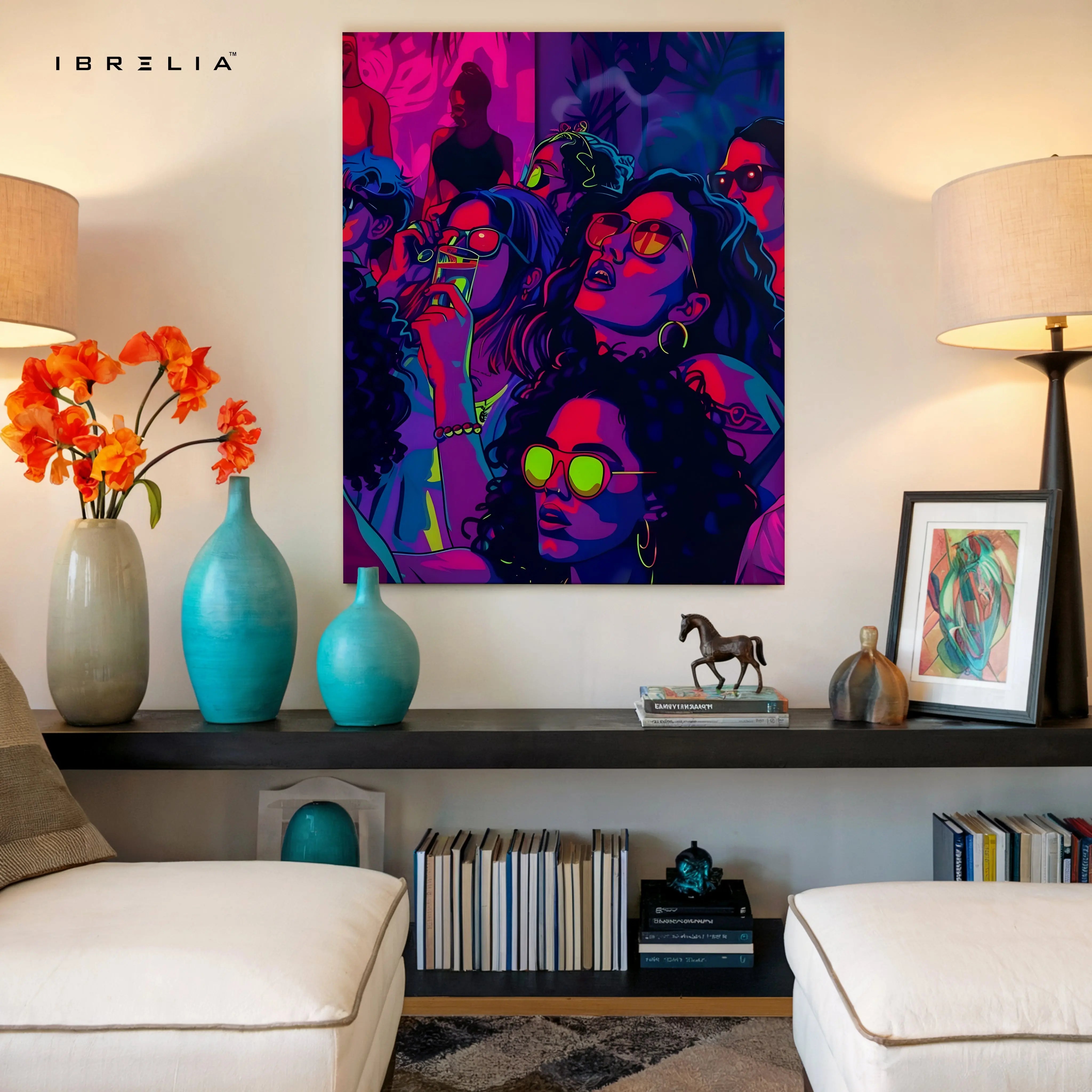 Neon Reverie Collective – Pop Art Nightlife Women Illustration | 4K Ultra Wrap Frame Wall Art in Pakistan | IBRELIA™ IBRELIA