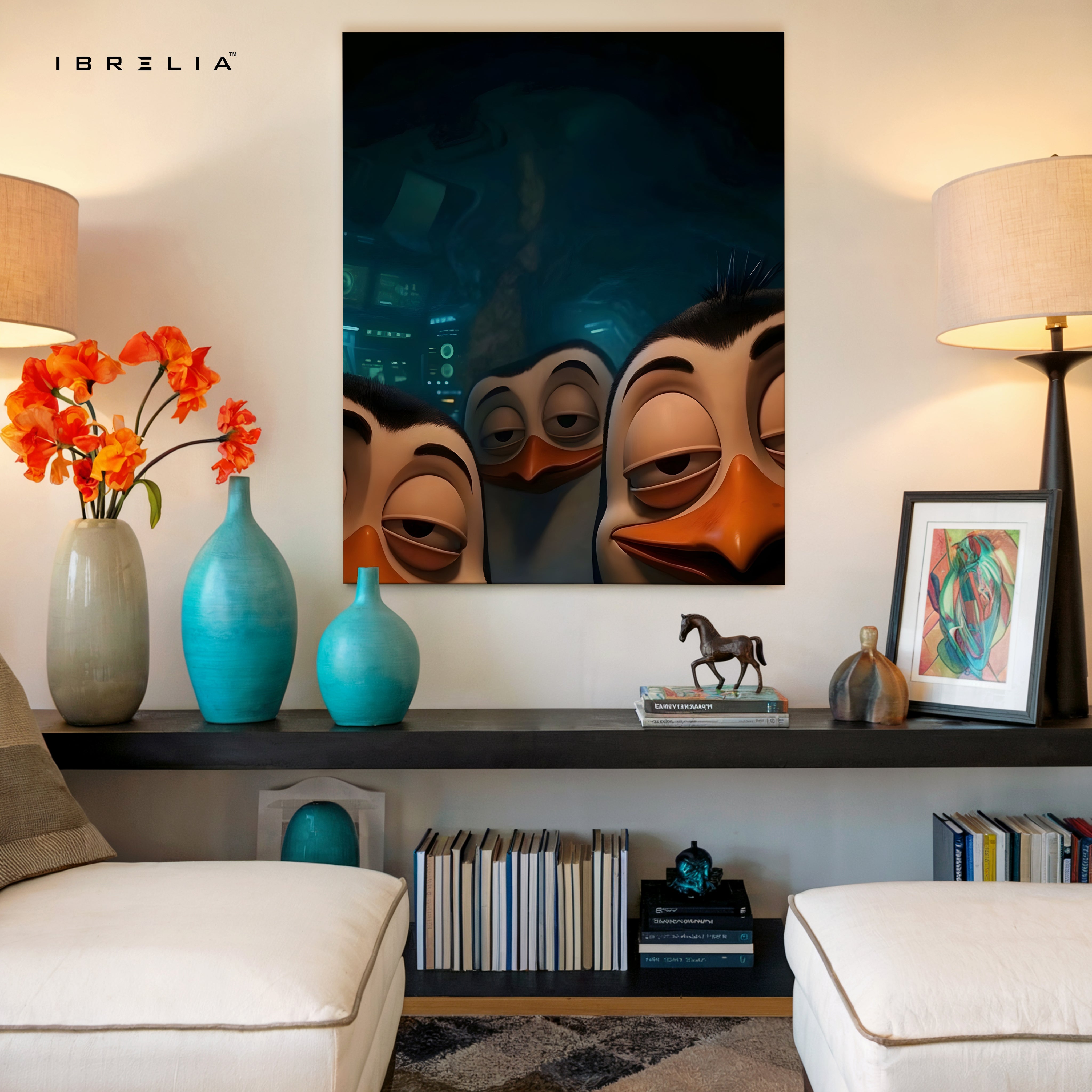 Midnight Mischief Penguins – Fun Animated 4K Ultra Wrap Frame Wall Art | IBRELIA™