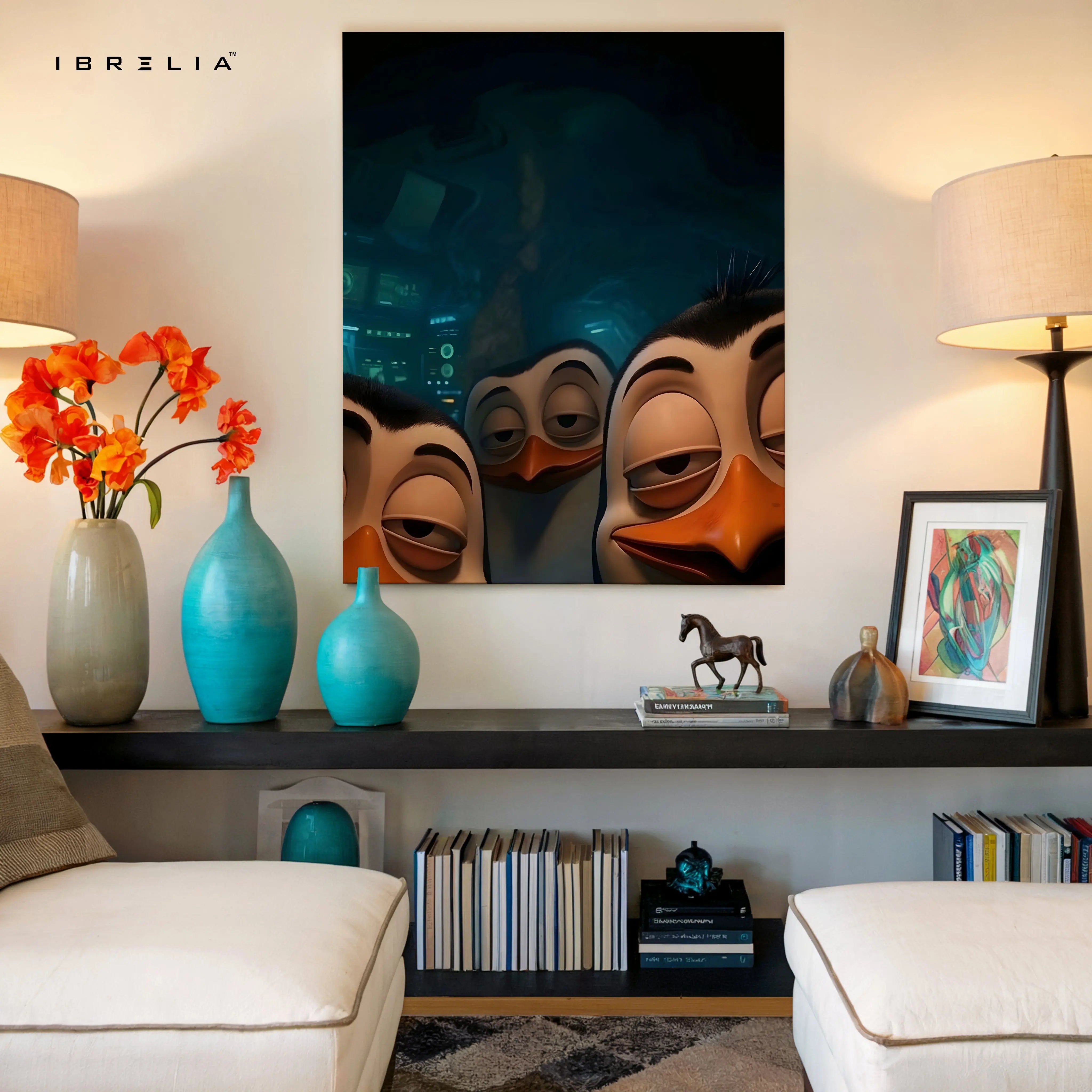 Midnight Mischief Penguins – Fun Animated 4K Ultra Wrap Frame Wall Art | IBRELIA™ IBRELIA