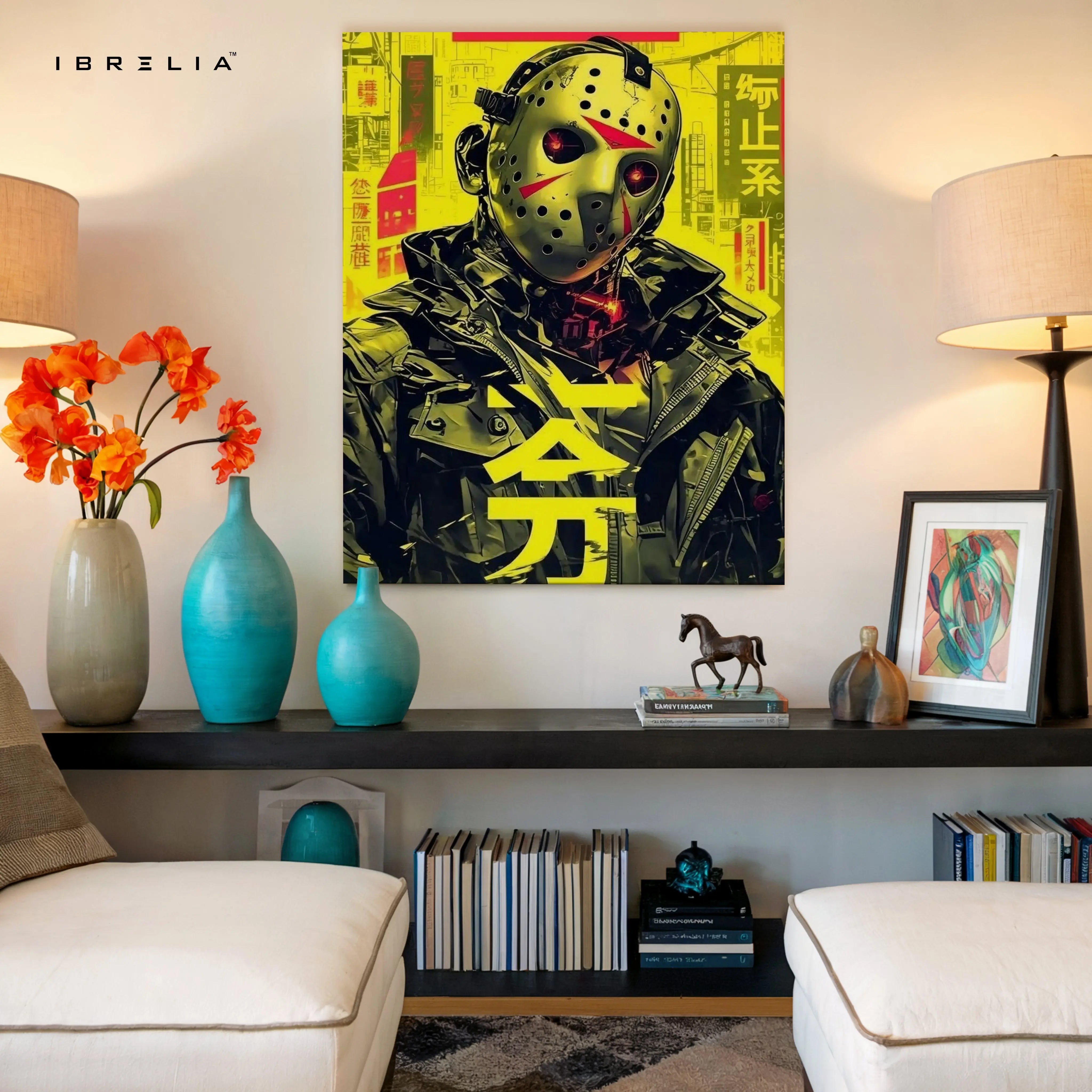 Cyberpunk Jason Mask Art – Neon Horror 4K Ultra Wrap Frame Wall Art in Pakistan | IBRELIA™ IBRELIA