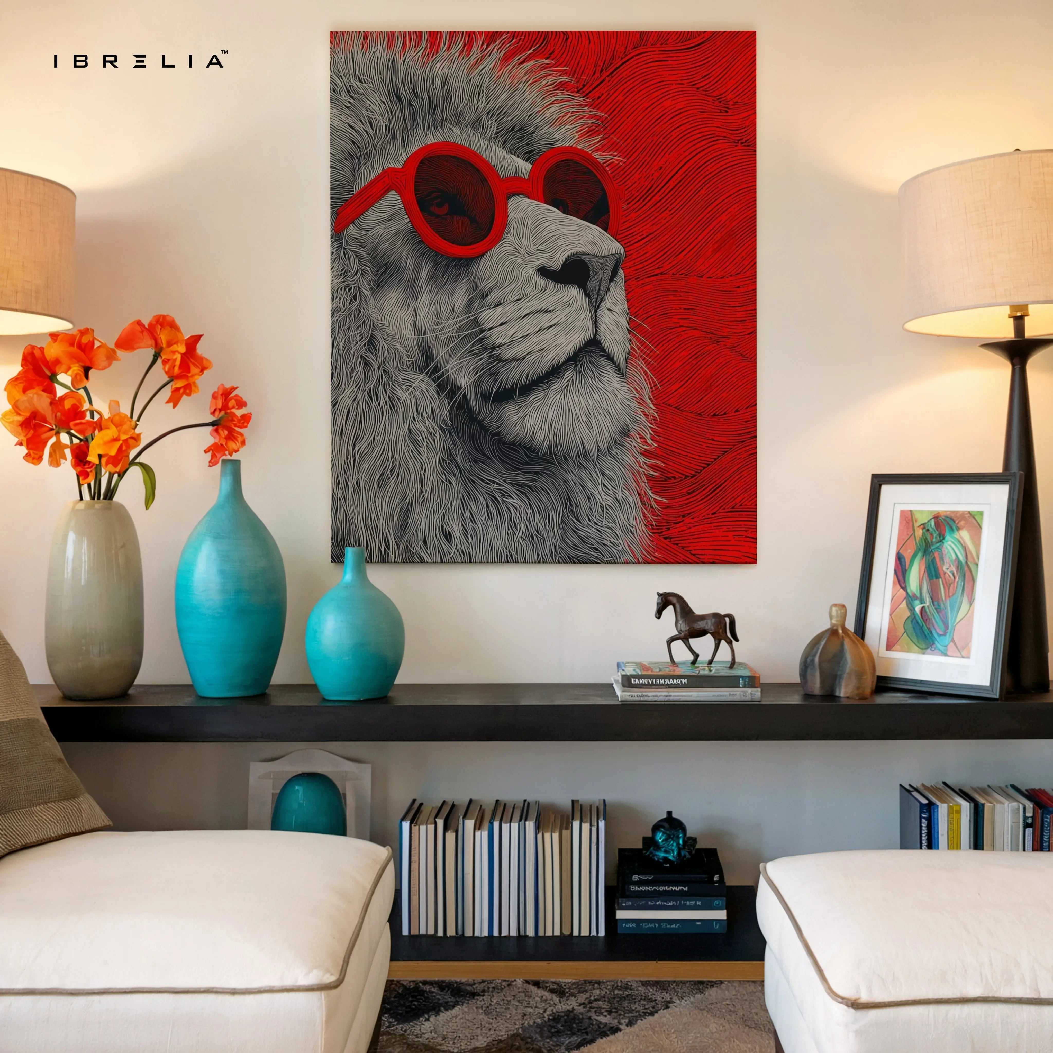 Cool Lion Pop Art with Red Glasses – 4K Ultra Wrap Frame Wall Art in Pakistan | IBRELIA™ IBRELIA