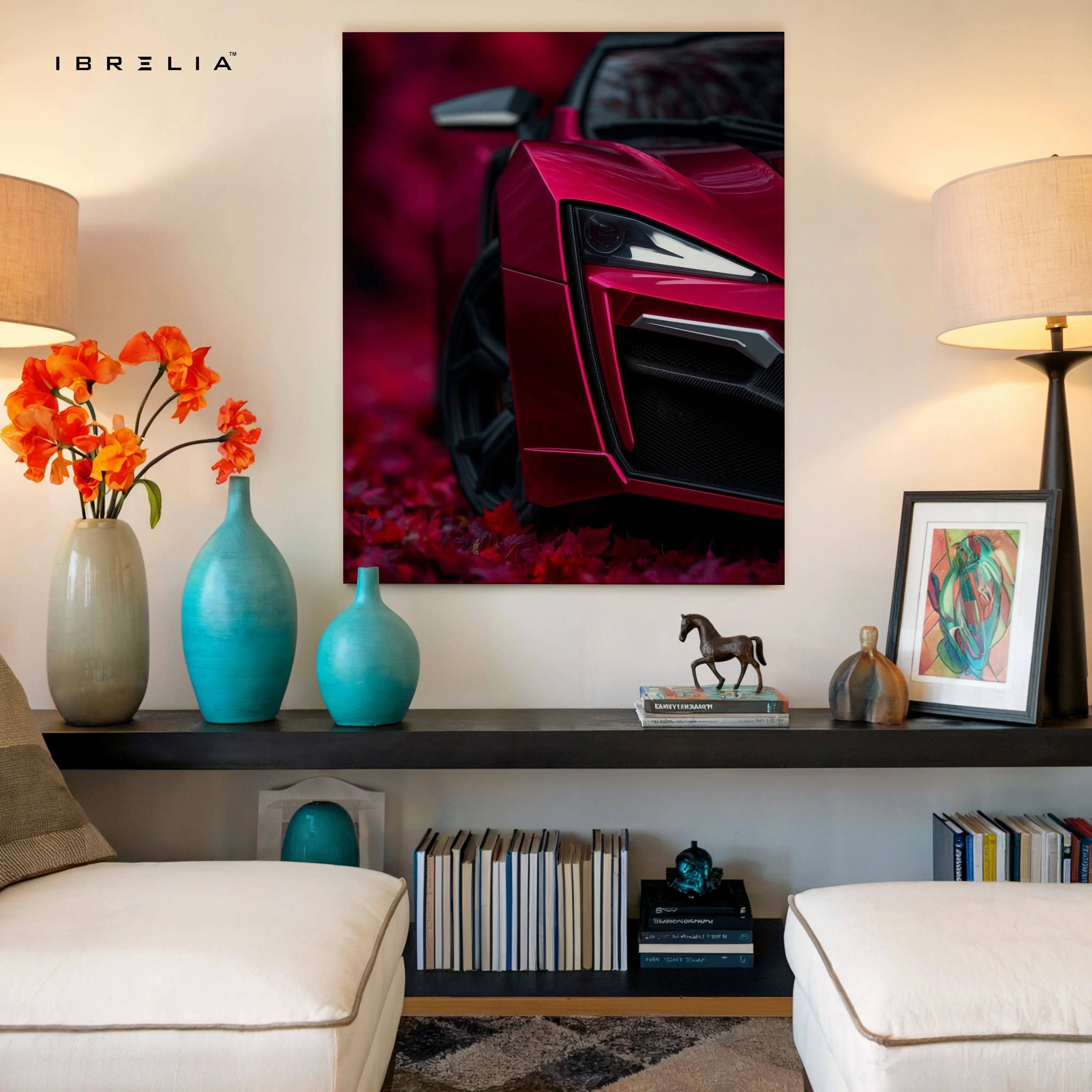 Crimson Supercar Headlight Close-Up – 4K Ultra Wrap Frame Wall Art in Pakistan | IBRELIA™ IBRELIA
