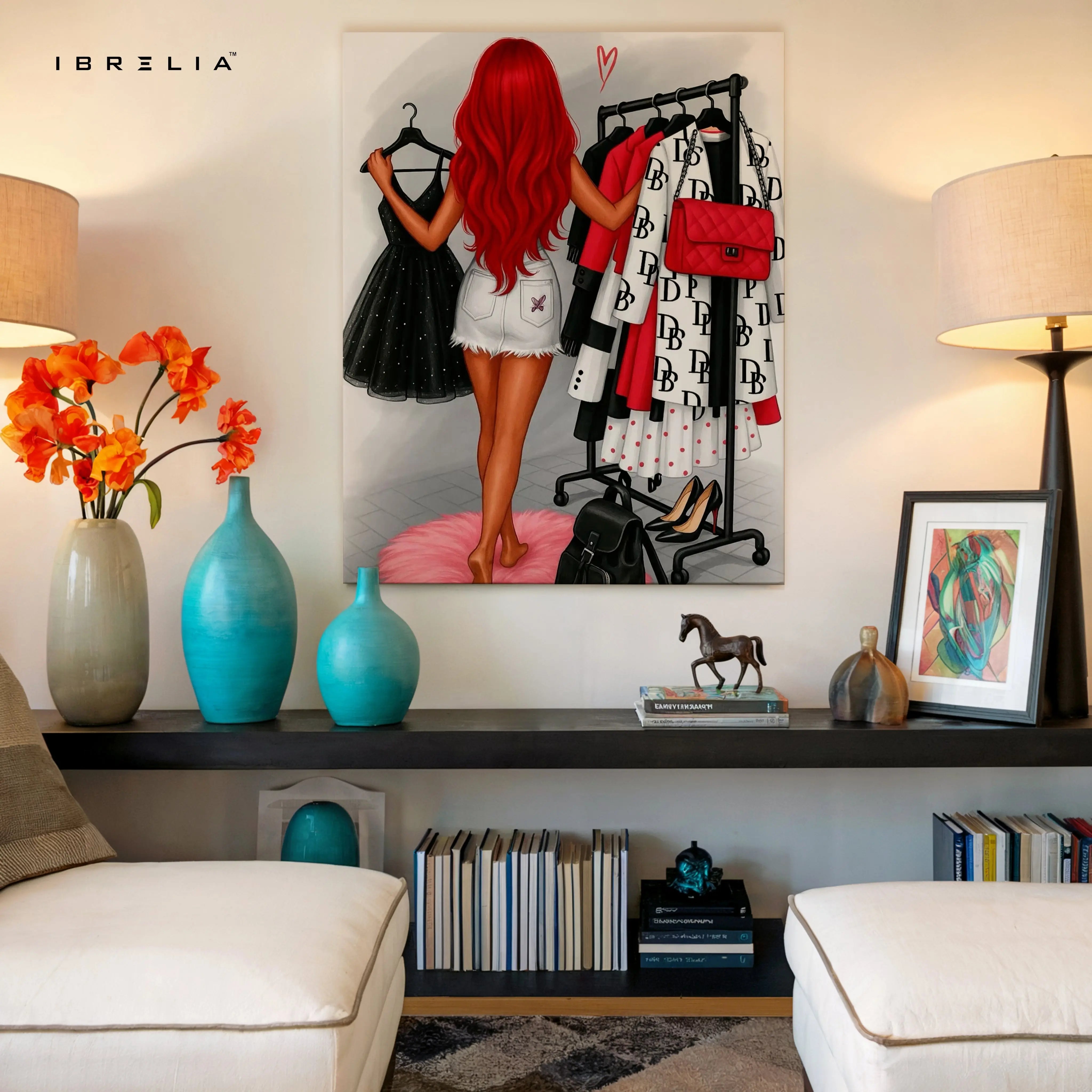 Red Hair Fashion Closet Art – 4K Ultra Wrap Frame Wall Art in Pakistan | IBRELIA™ IBRELIA