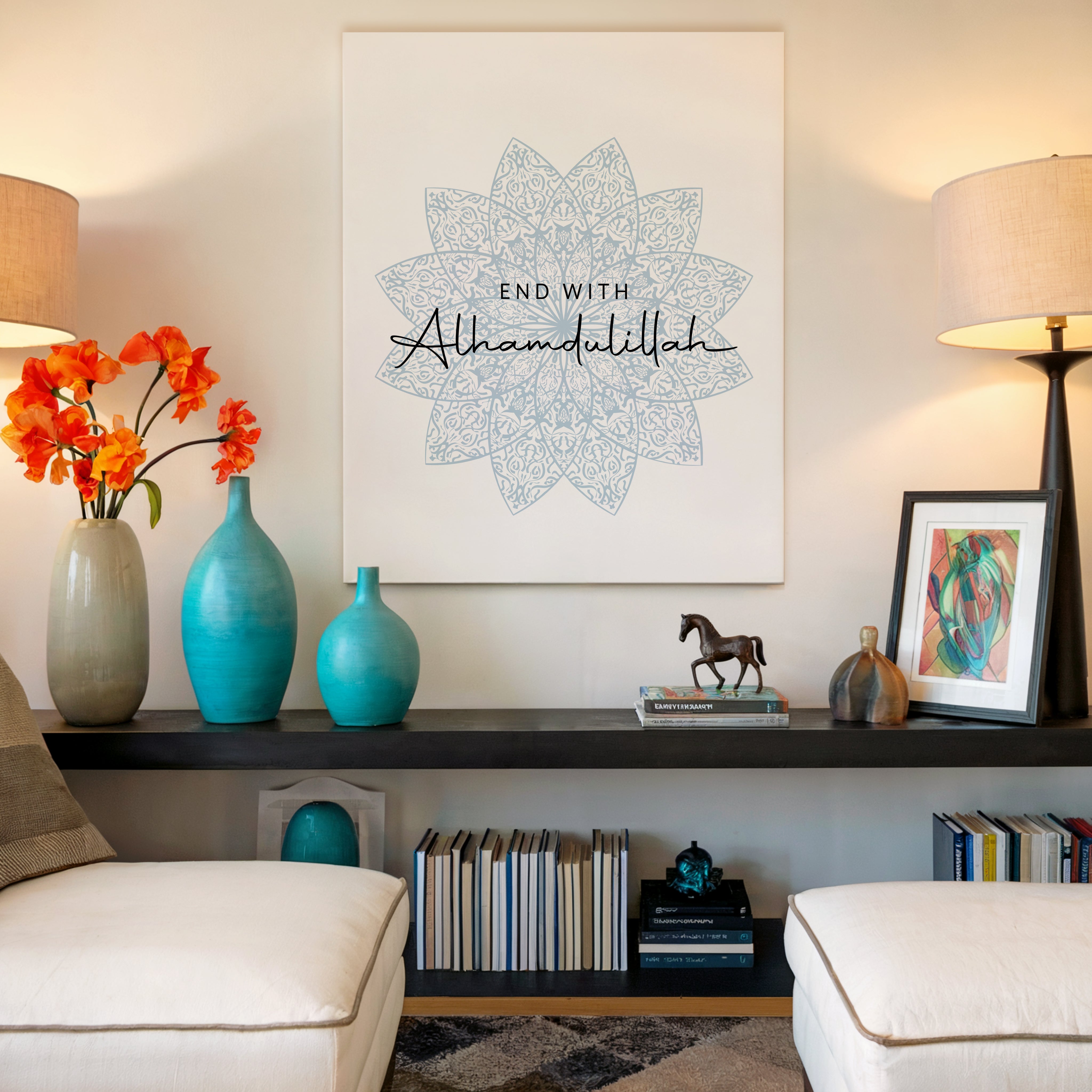 End With Alhamdulillah Islamic Wall Art – Soft Blue Mandala Design | 4K Ultra Wrap Frame Wall Art in Pakistan | IBRELIA™
