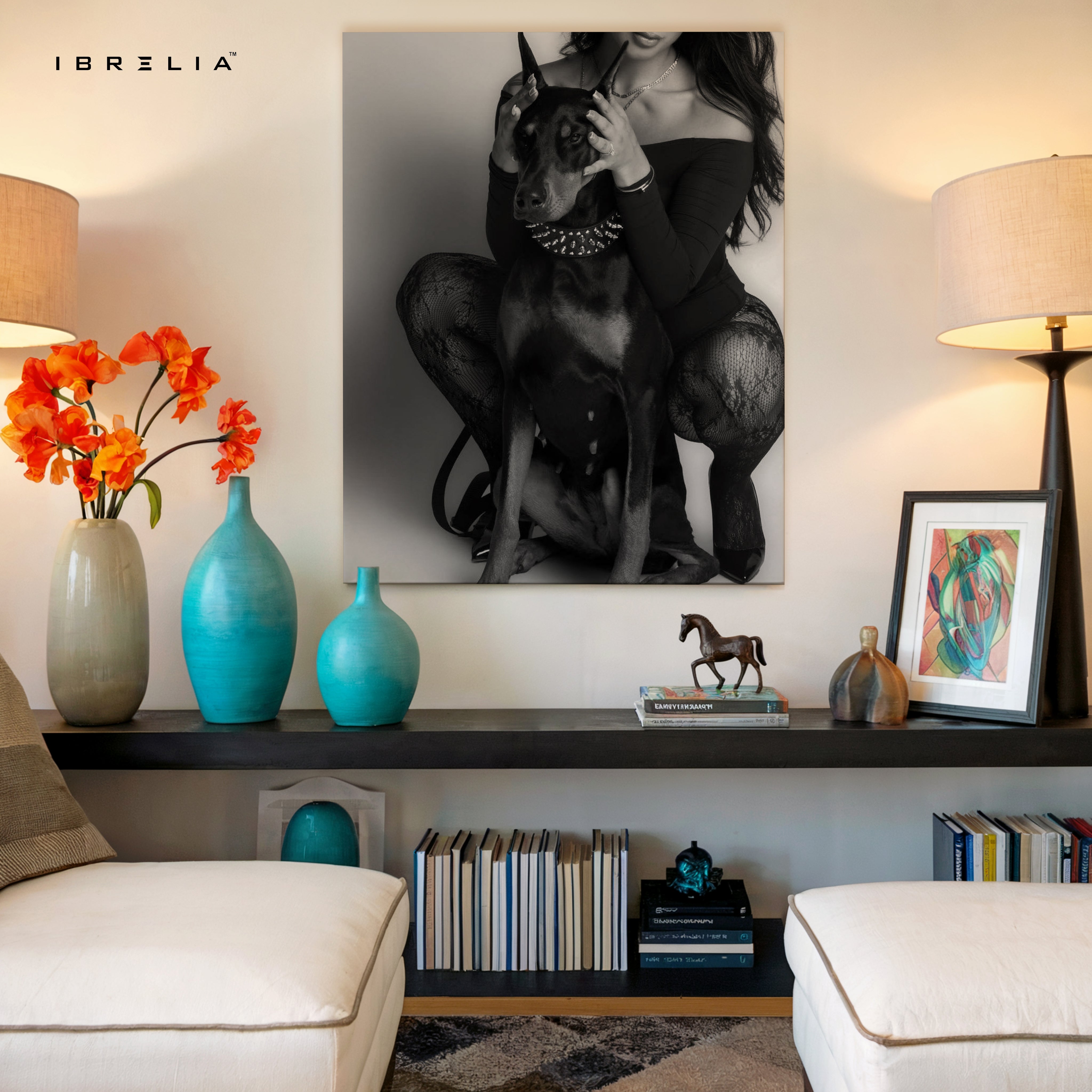 Elegant Doberman with Owner – Black & White Luxury 4K Ultra Wrap Frame Wall Art in Pakistan | IBRELIA™