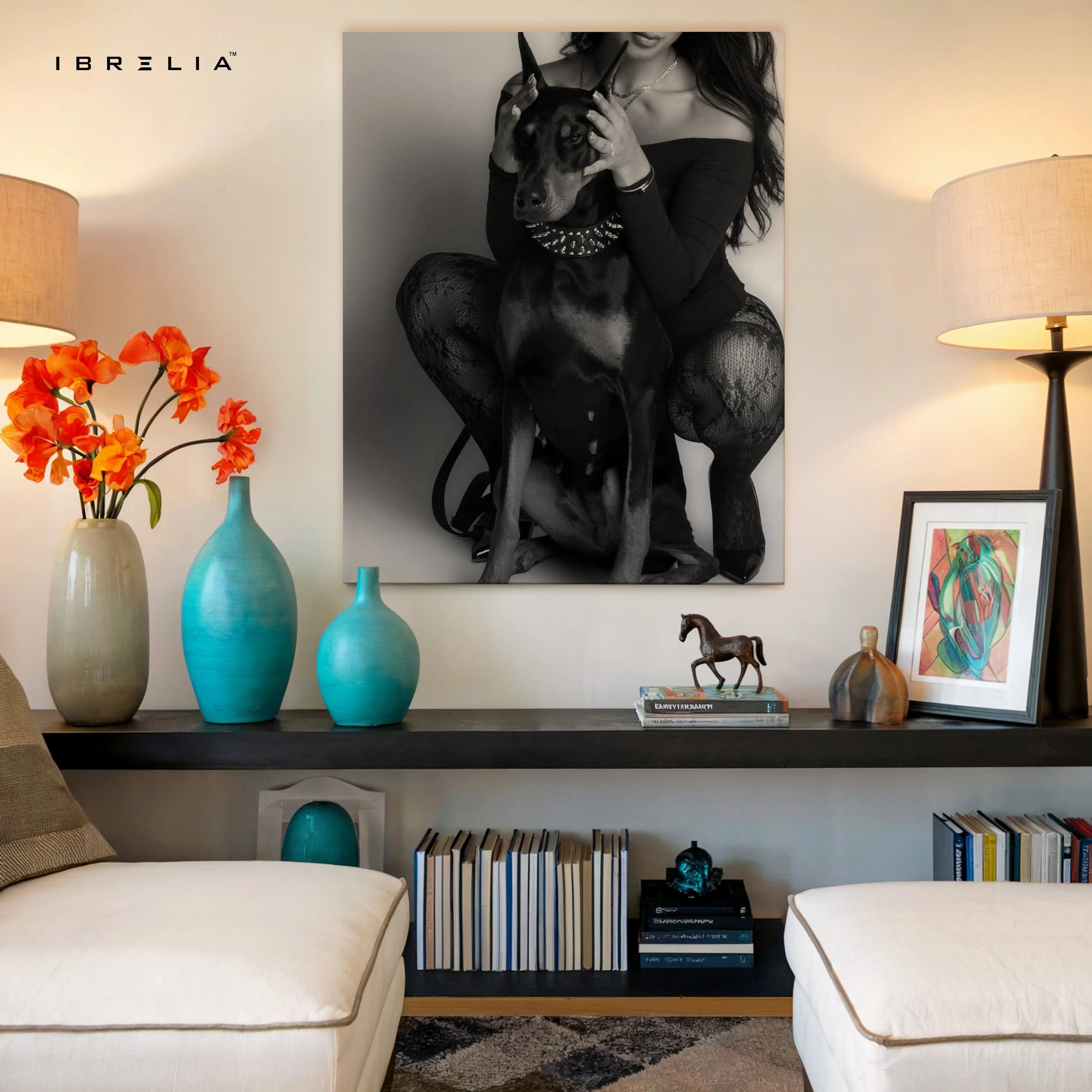 Elegant Doberman with Owner – Black & White Luxury 4K Ultra Wrap Frame Wall Art in Pakistan | IBRELIA™ IBRELIA