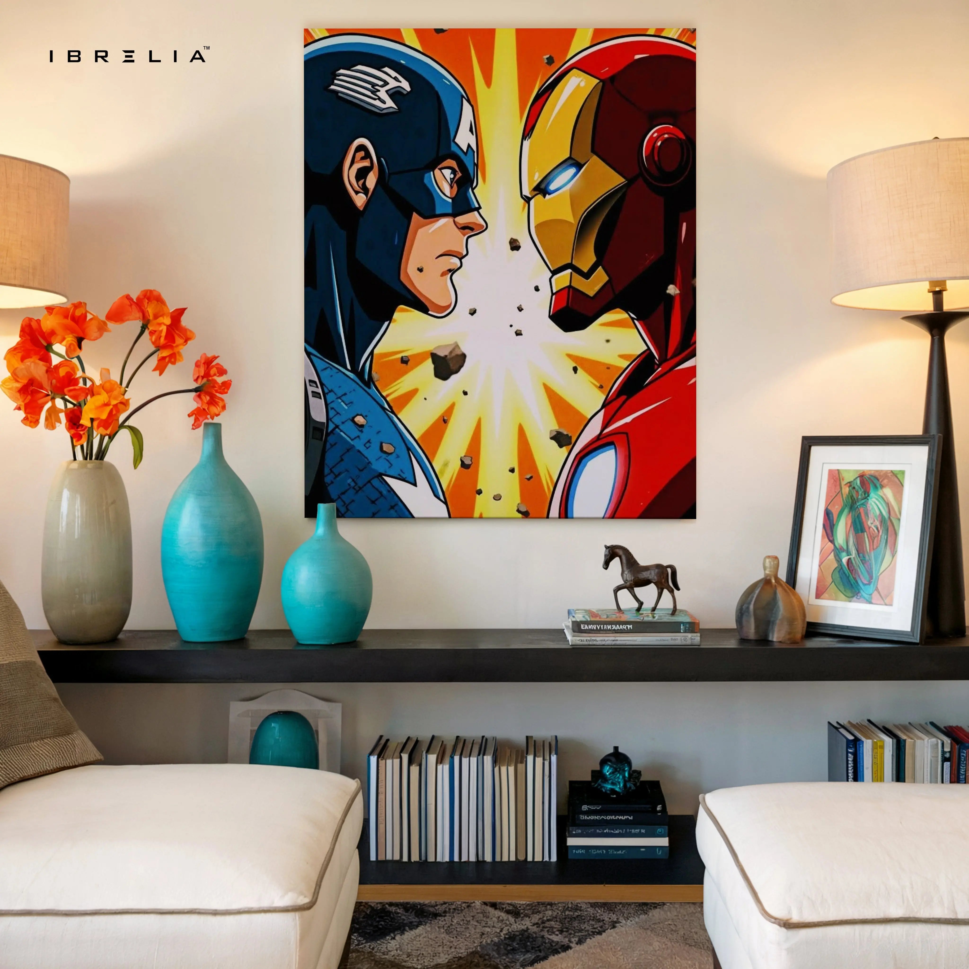 Heroes Face-Off Pop Art – Iconic Superhero Clash Wall Art | 4K Ultra Wrap Frame Wall Art in Pakistan | IBRELIA™ IBRELIA