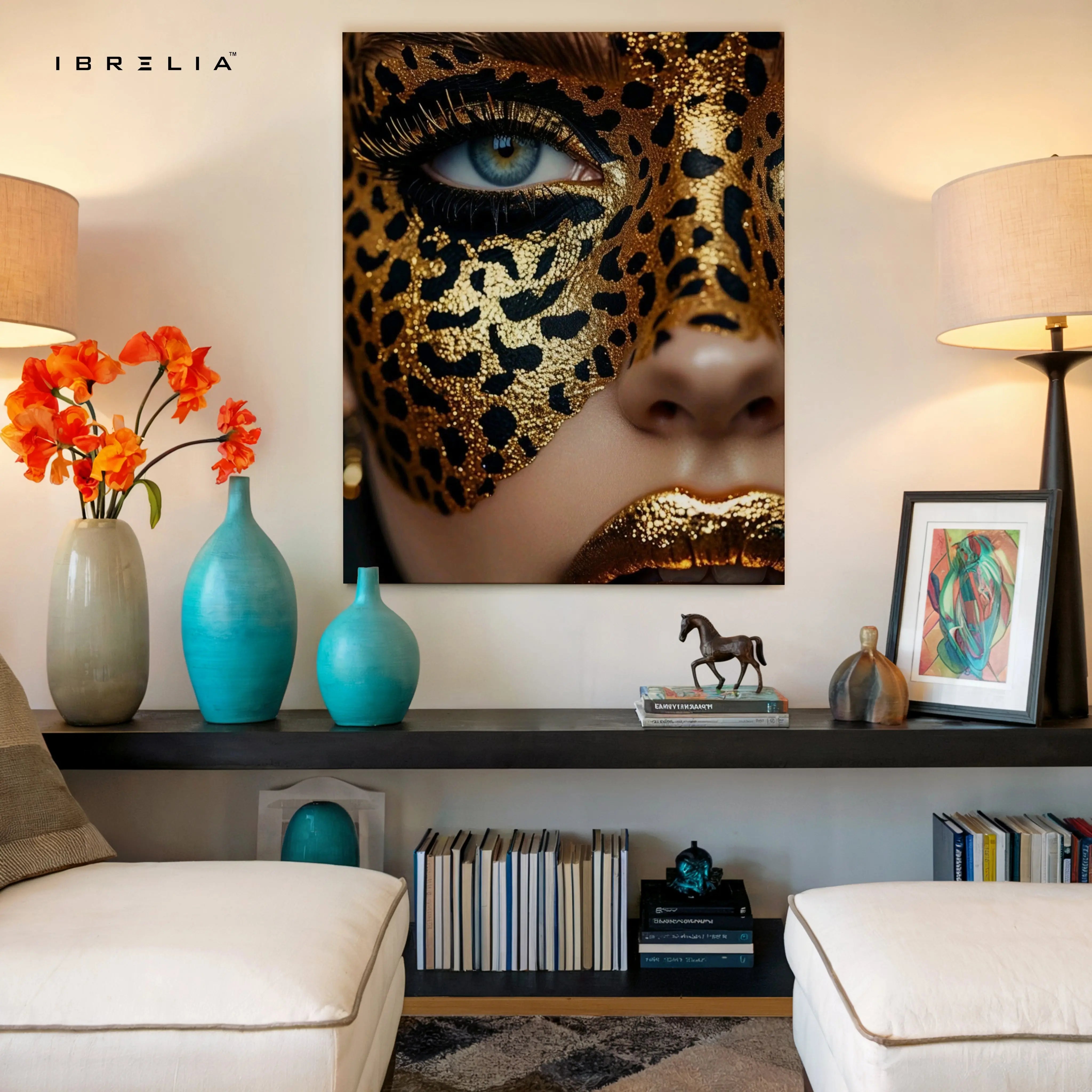 Golden Leopard Mask Beauty Art – 4K Ultra Wrap Frame Wall Art in Pakistan | IBRELIA™ IBRELIA