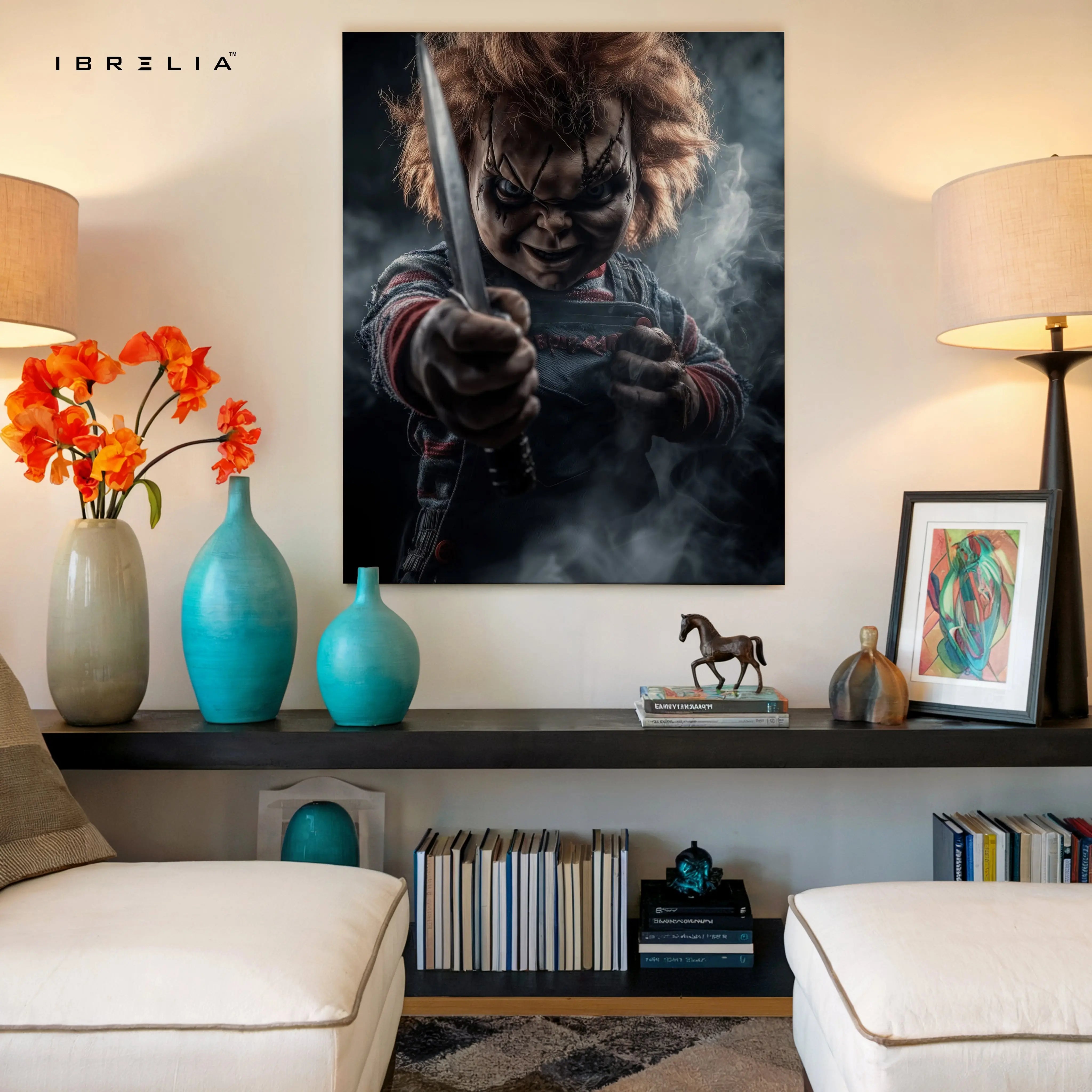 Sinister Doll Standoff – Dark Cinematic Horror Art | 4K Ultra Wrap Frame Wall Art in Pakistan | IBRELIA™ IBRELIA