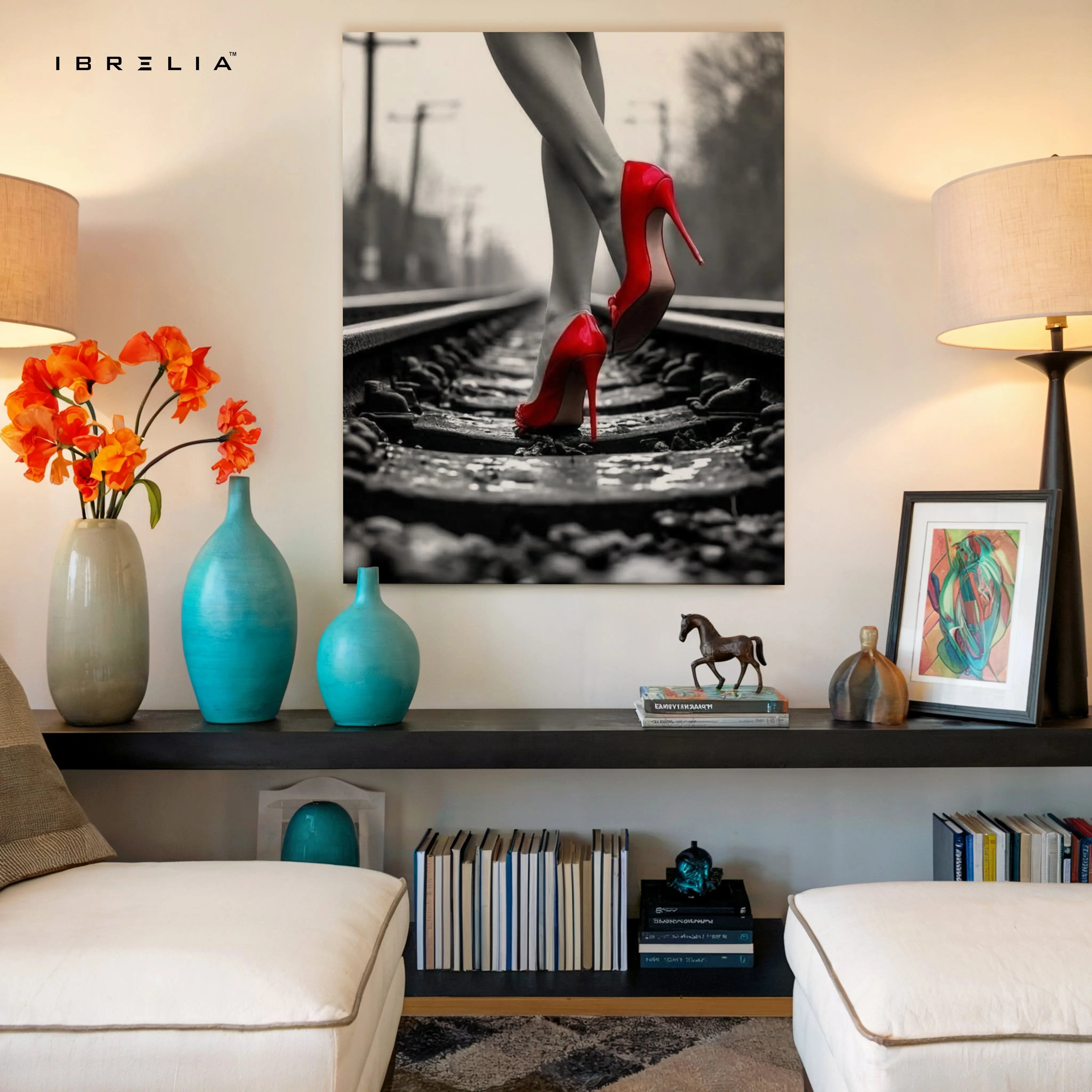 Red Heels on Railway Noir Art – 4K Ultra Wrap Frame Wall Art in Pakistan | IBRELIA™ IBRELIA
