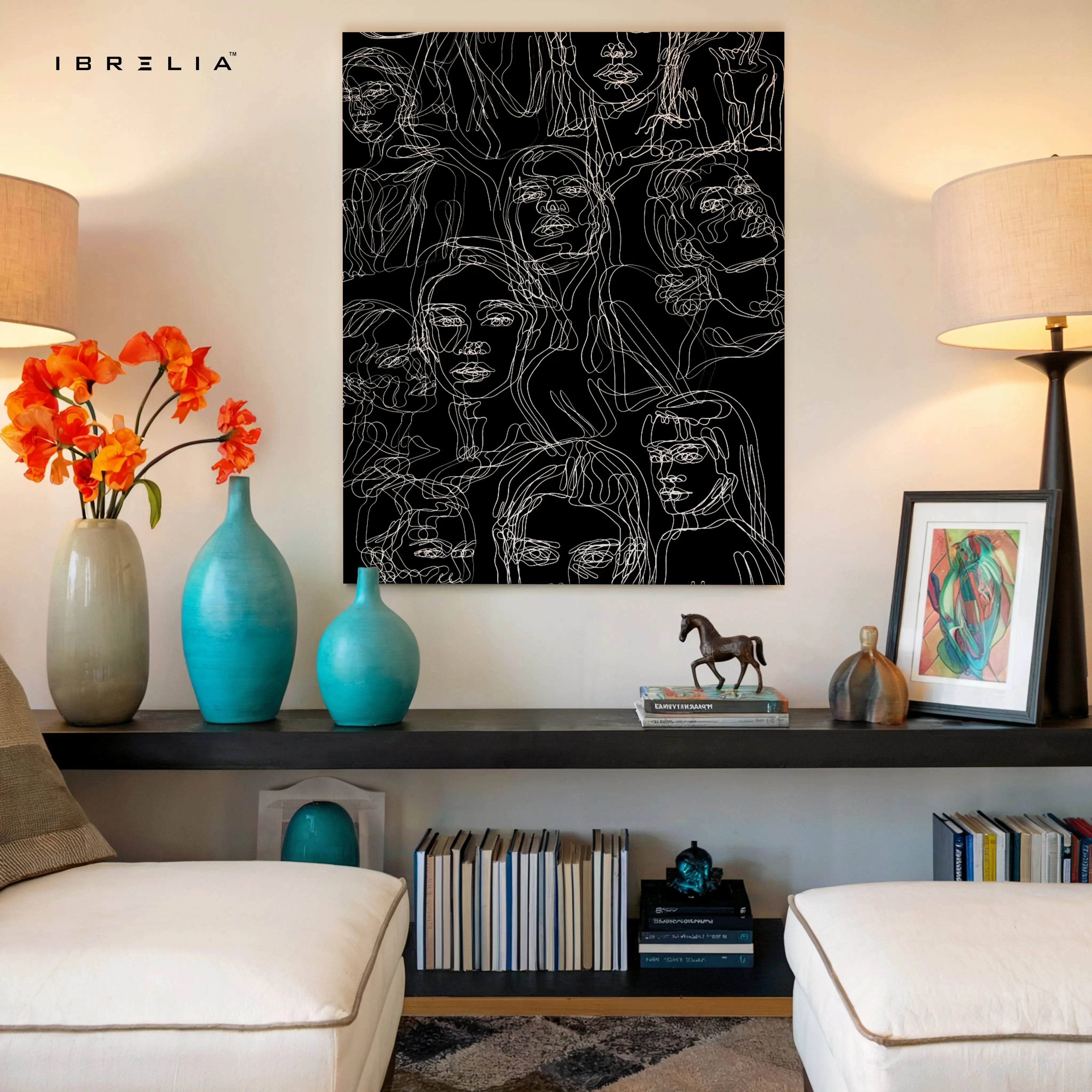 Echoes of Identity – Abstract Line Faces Noir Art | 4K Ultra Wrap Frame Wall Art in Pakistan | IBRELIA™ IBRELIA