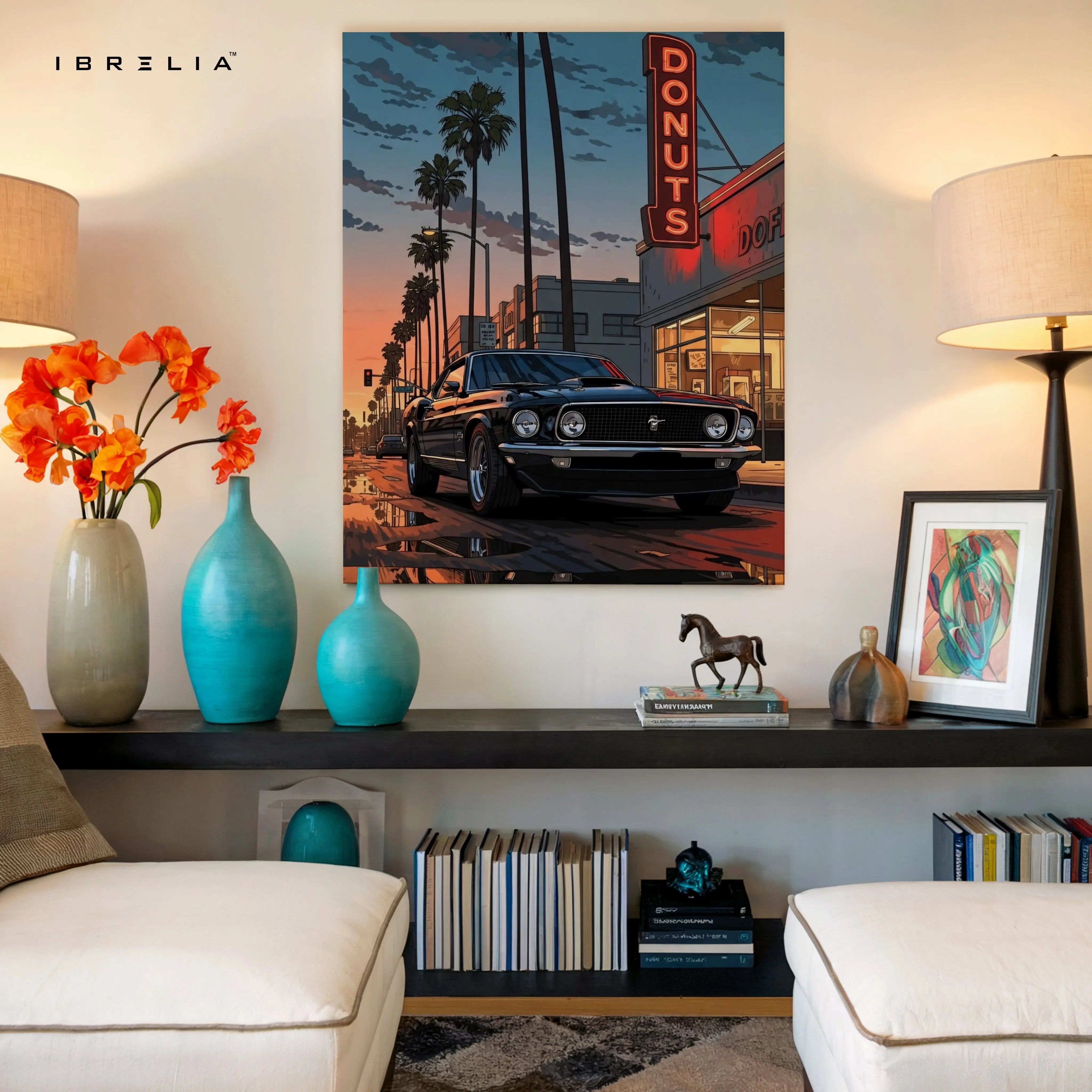 Sunset Drive Donut Stop – Retro Muscle Car Noir Art | 4K Ultra Wrap Frame Wall Art in Pakistan | IBRELIA™ IBRELIA
