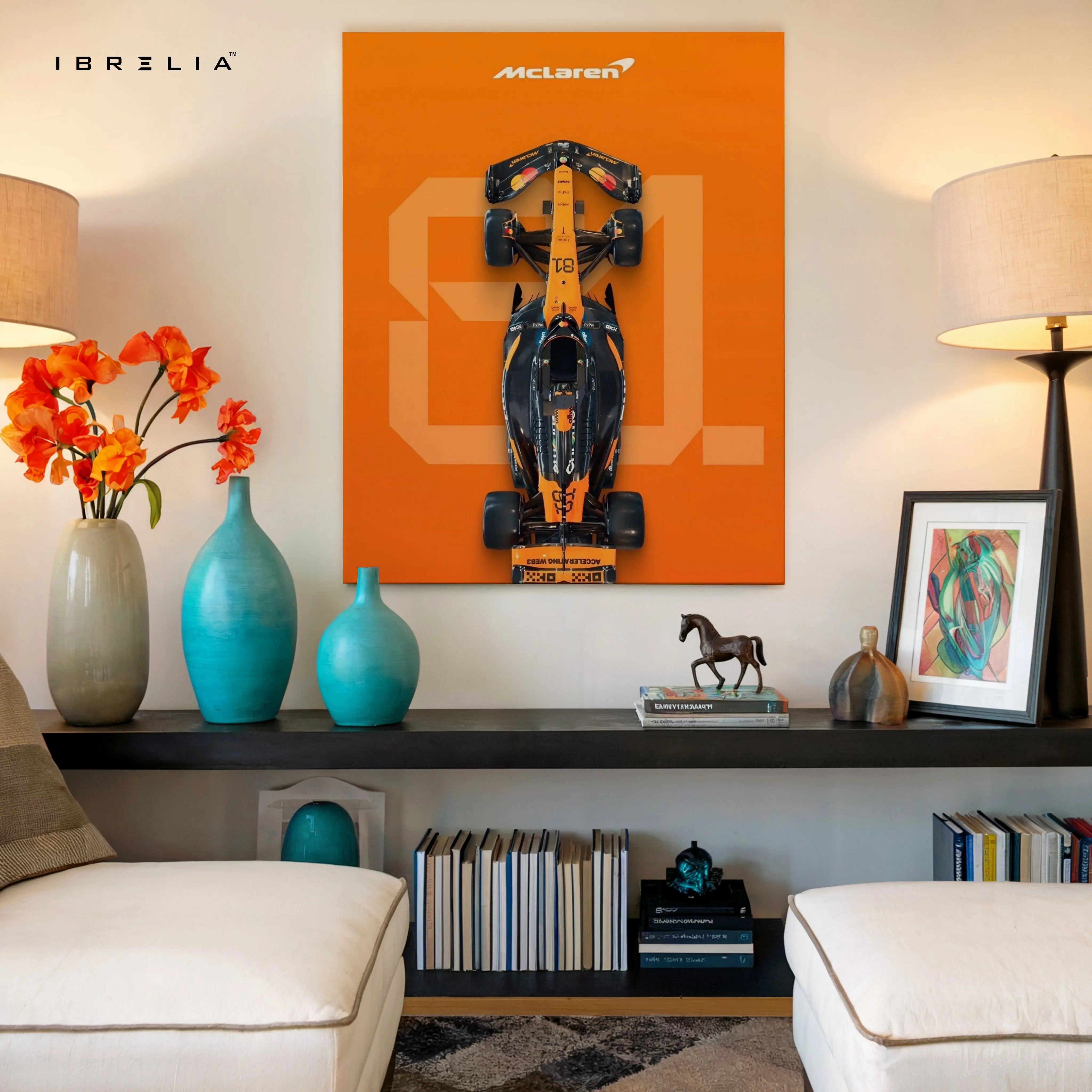 McLaren F1 Papaya Power – Top View Formula 1 Racing Art | 4K Ultra Wrap Frame Wall Art in Pakistan | IBRELIA™ IBRELIA