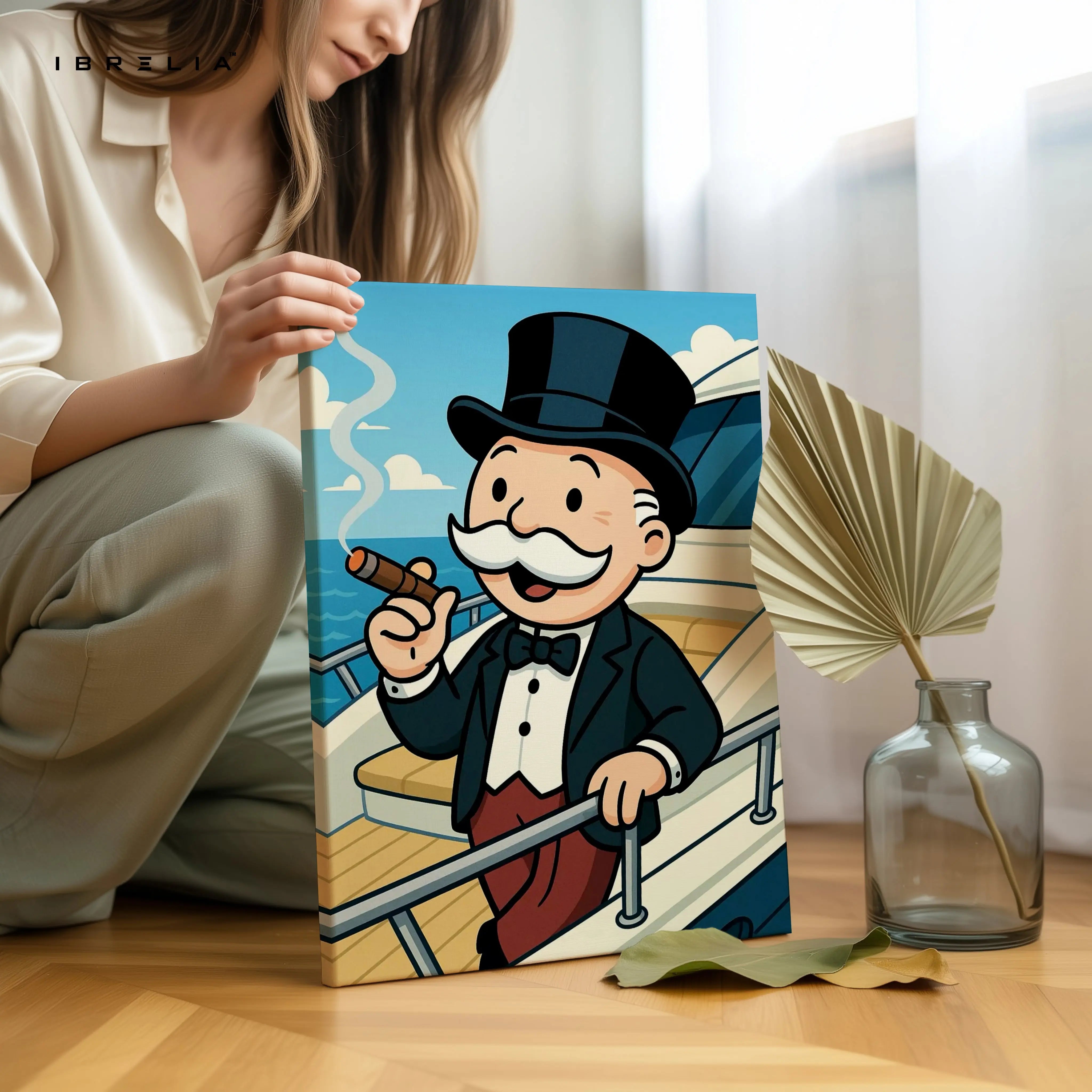 Classic Gentleman Voyage – Cartoon Tycoon Yacht Art | 4K Ultra Wrap Frame Wall Art in Pakistan | IBRELIA™ IBRELIA