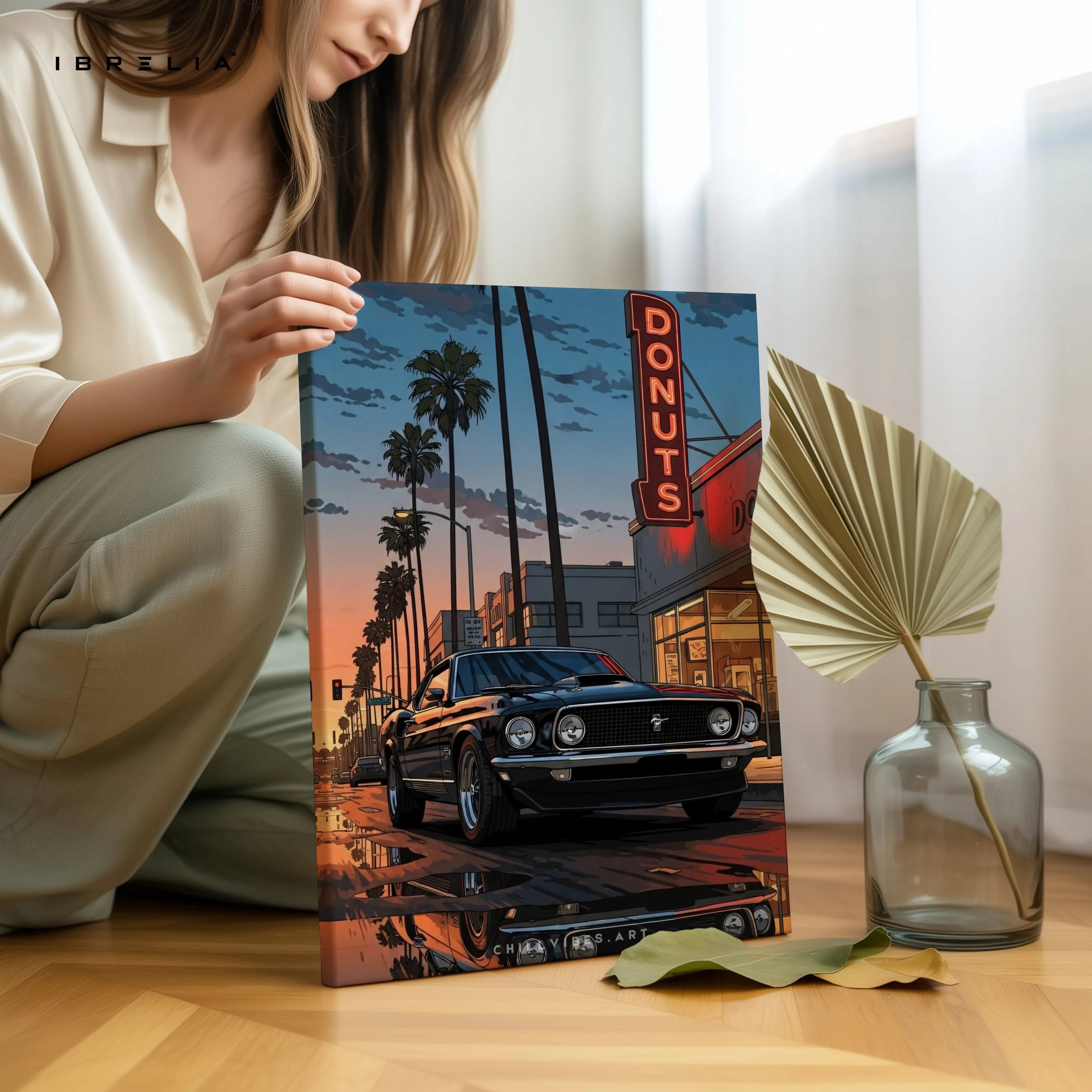 Sunset Drive Donut Stop – Retro Muscle Car Noir Art | 4K Ultra Wrap Frame Wall Art in Pakistan | IBRELIA™ IBRELIA