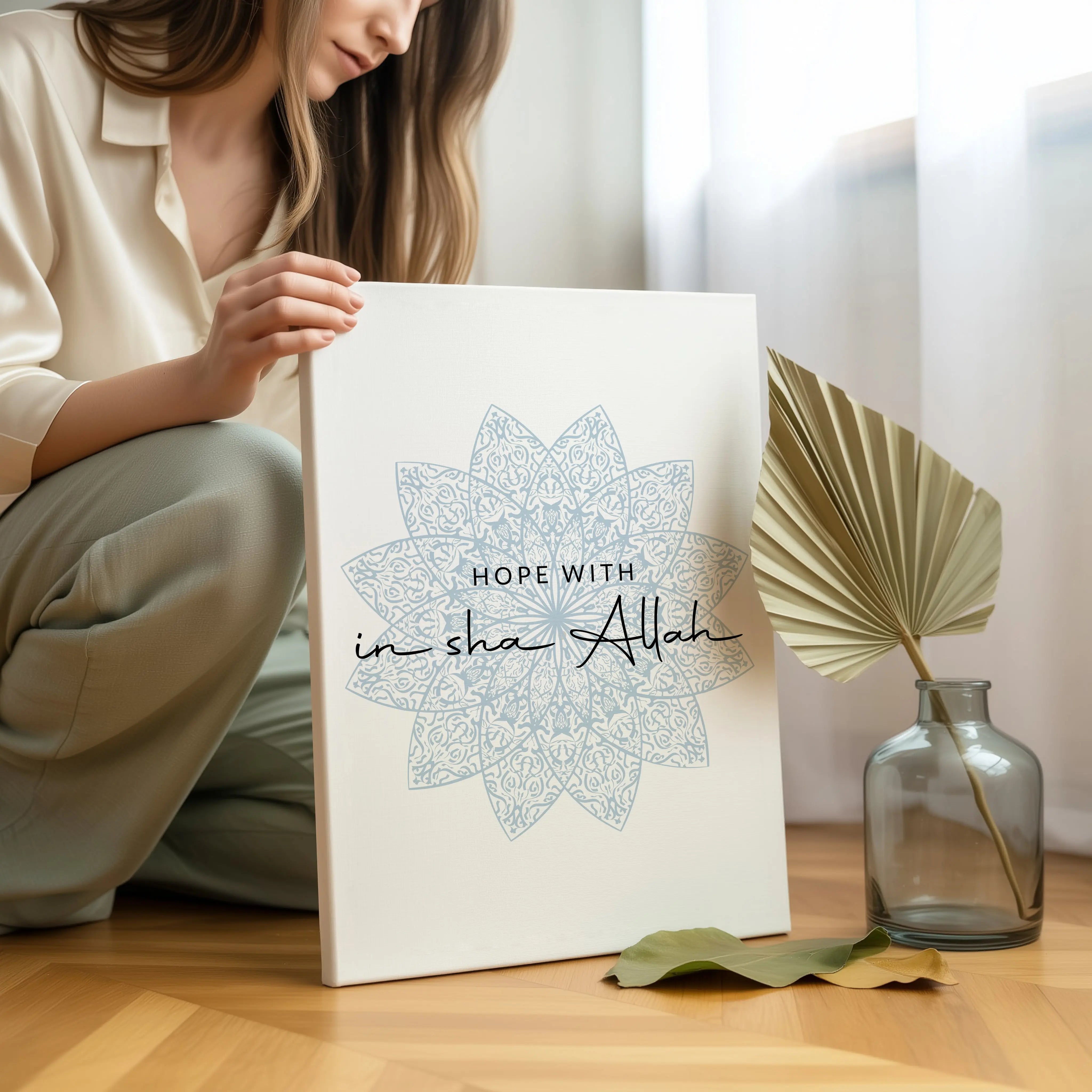 Hope With Insha Allah Islamic Wall Art – Soft Blue Mandala Design | 4K Ultra Wrap Frame Wall Art in Pakistan | IBRELIA™ IBRELIA