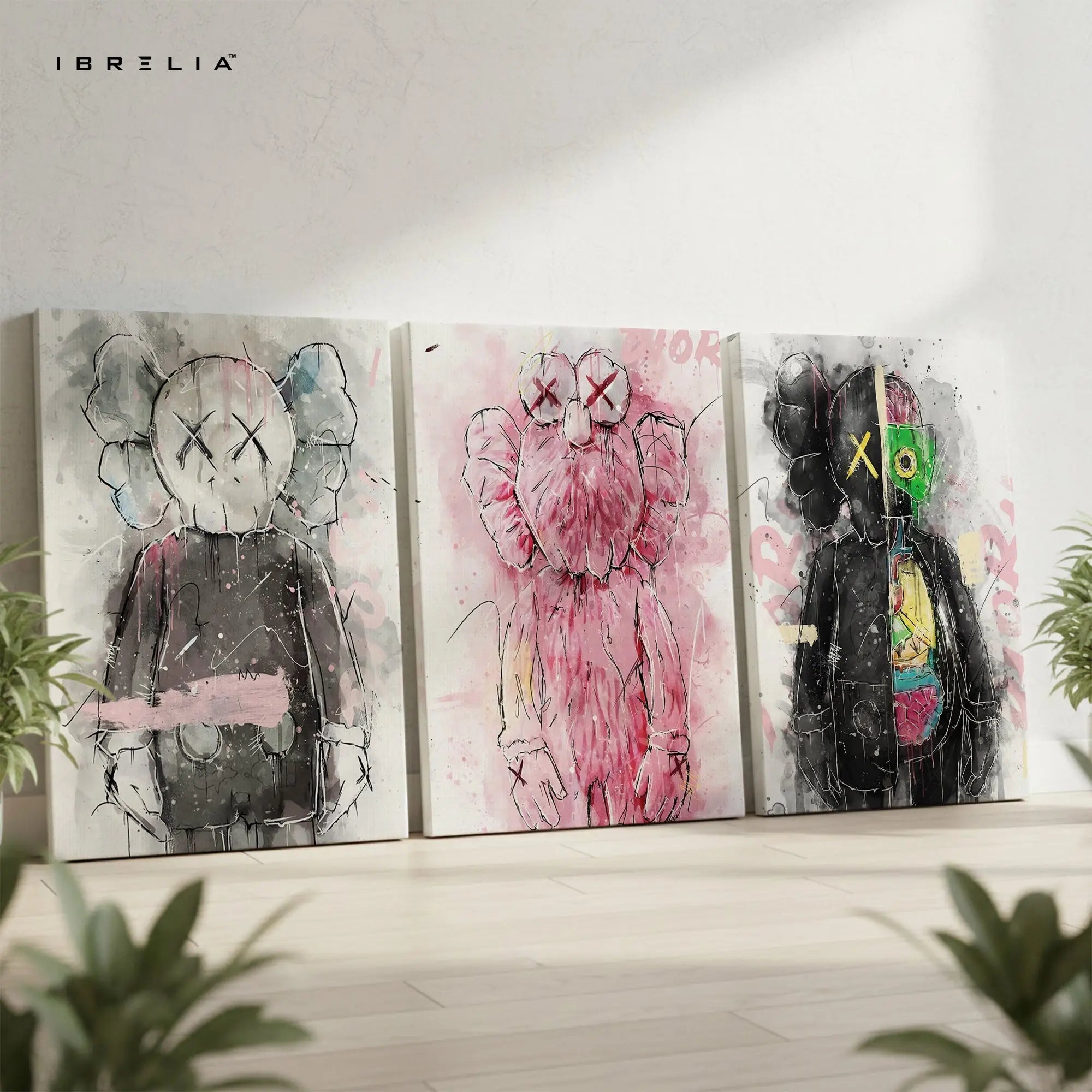 Abstract KAWS Graffiti Street Art 3 Panel 4K Ultra HD Wall Art in Pakistan | IBRELIA™ IBRELIA