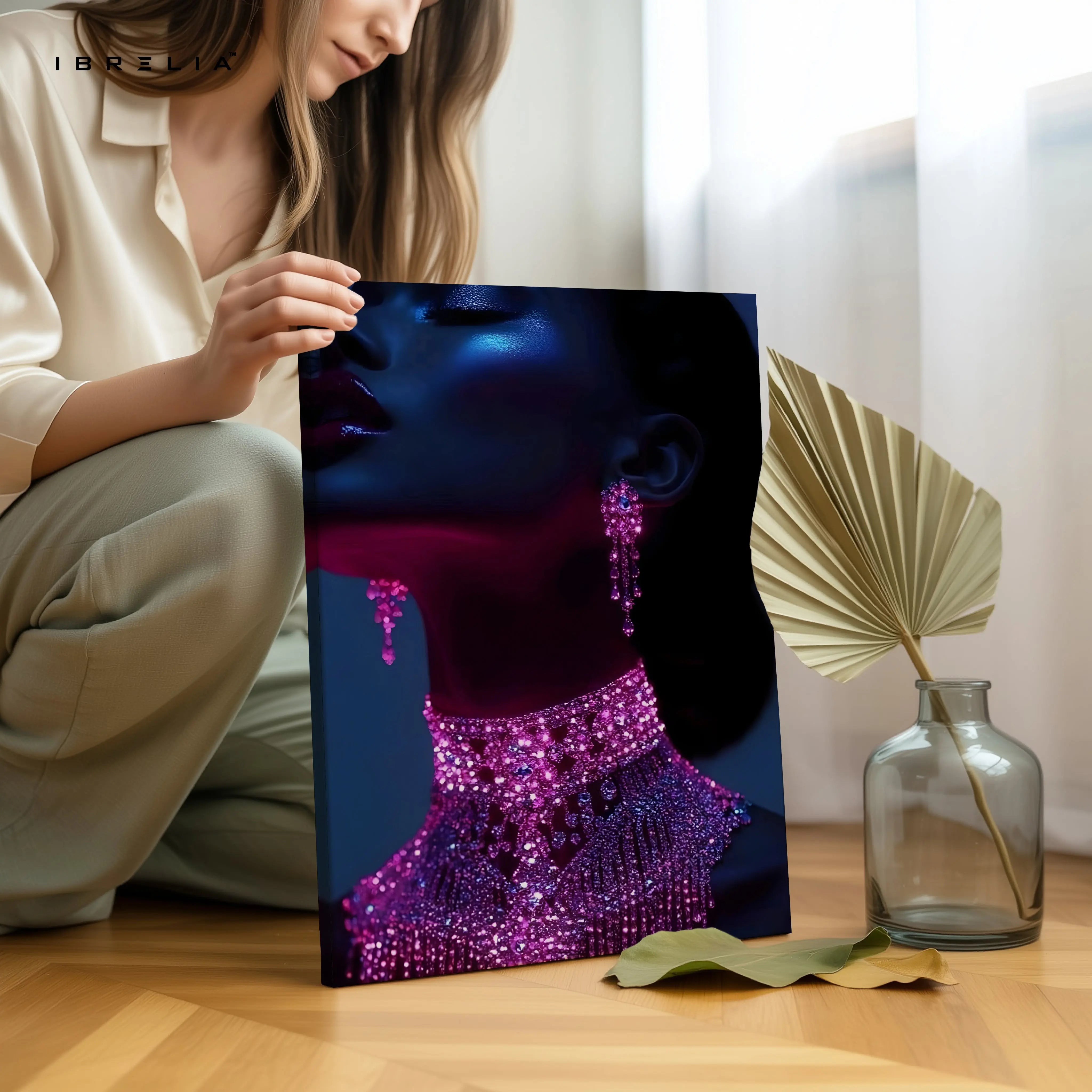Midnight Amethyst Muse – Luxury Feminine Portrait Art | 4K Ultra Wrap Frame Wall Art in Pakistan | IBRELIA™ IBRELIA