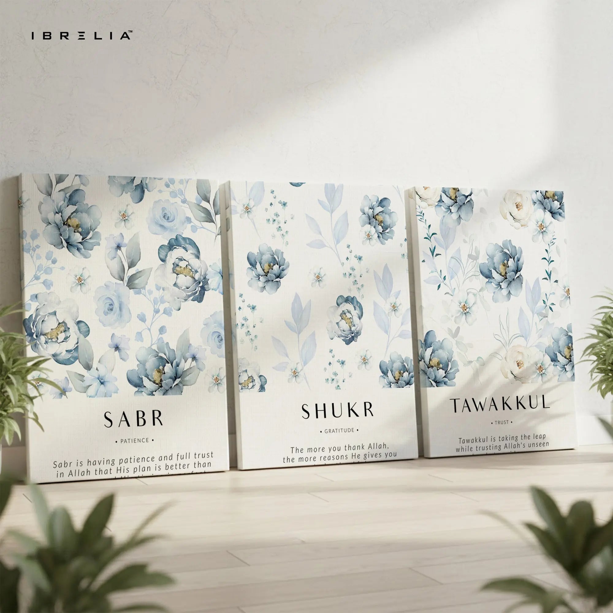 Sabr Shukr Tawakkul Floral Islamic 3 Panel 4K Ultra HD Wall Art in Pakistan | IBRELIA™ IBRELIA