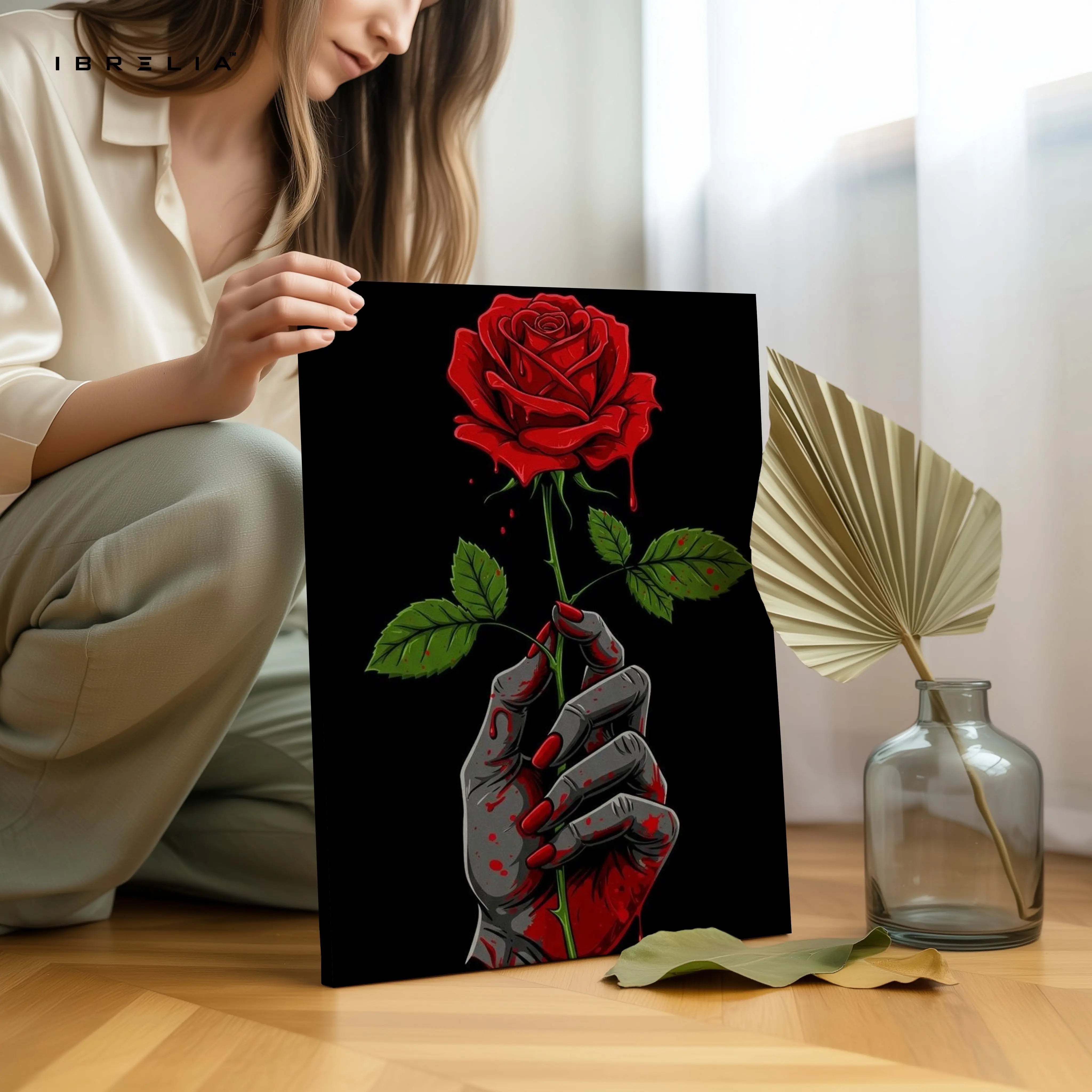 Crimson Bloom Hand – Dark Symbolic Rose Art | 4K Ultra Wrap Frame Wall Art in Pakistan | IBRELIA™ IBRELIA
