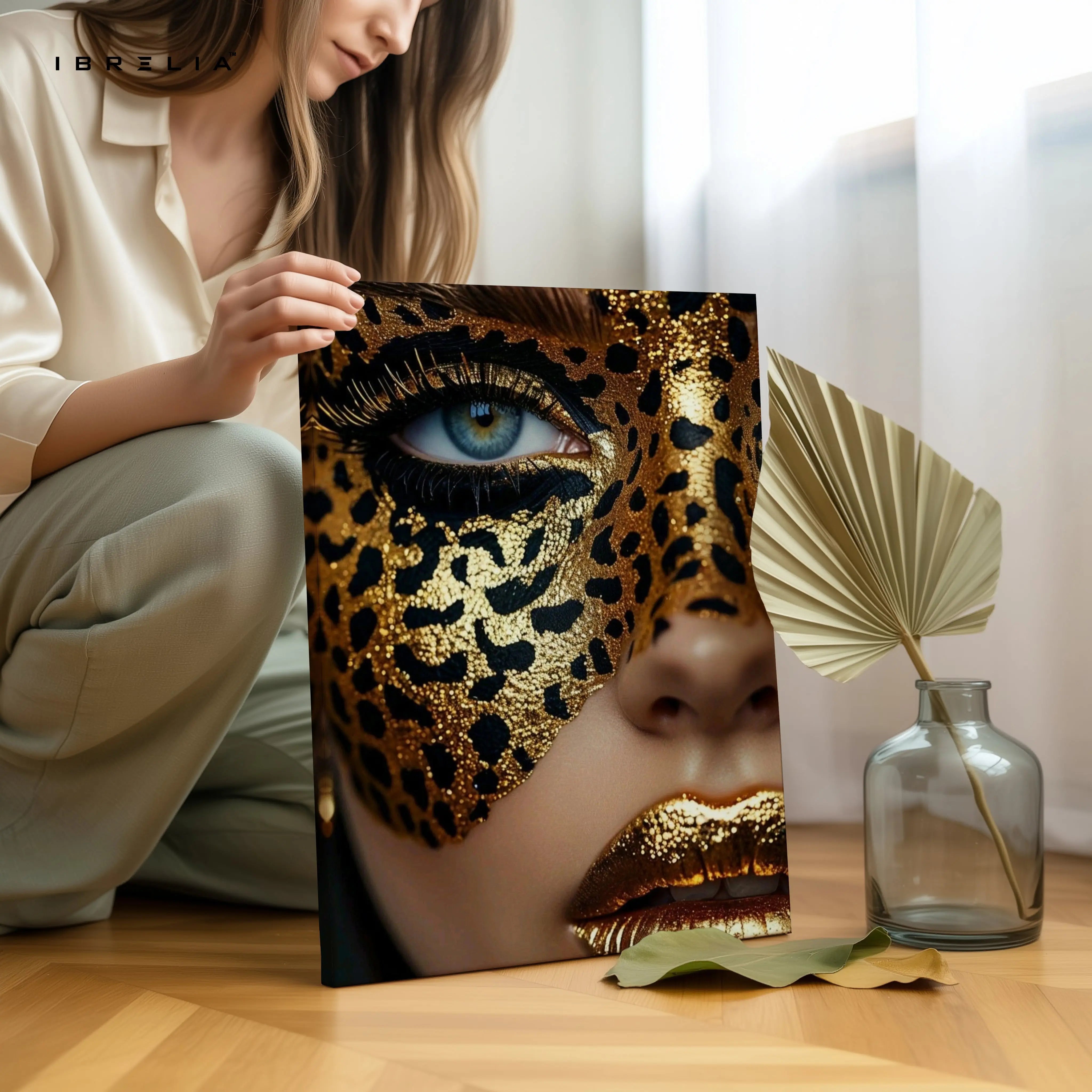 Golden Leopard Mask Beauty Art – 4K Ultra Wrap Frame Wall Art in Pakistan | IBRELIA™ IBRELIA