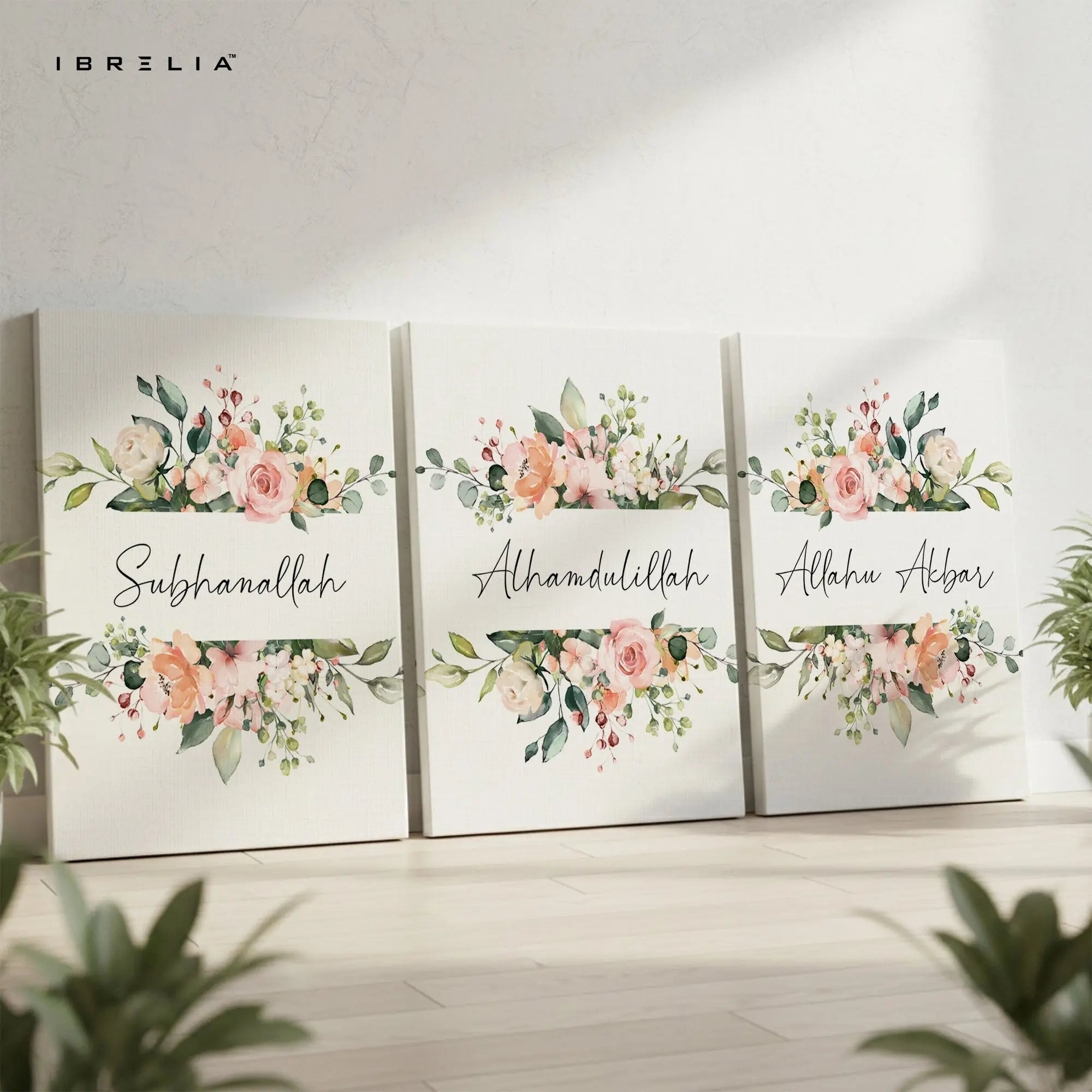 SubhanAllah Alhamdulillah Allahu Akbar Floral 3 Panel Islamic 4K Ultra HD Wall Art in Pakistan | IBRELIA™ IBRELIA