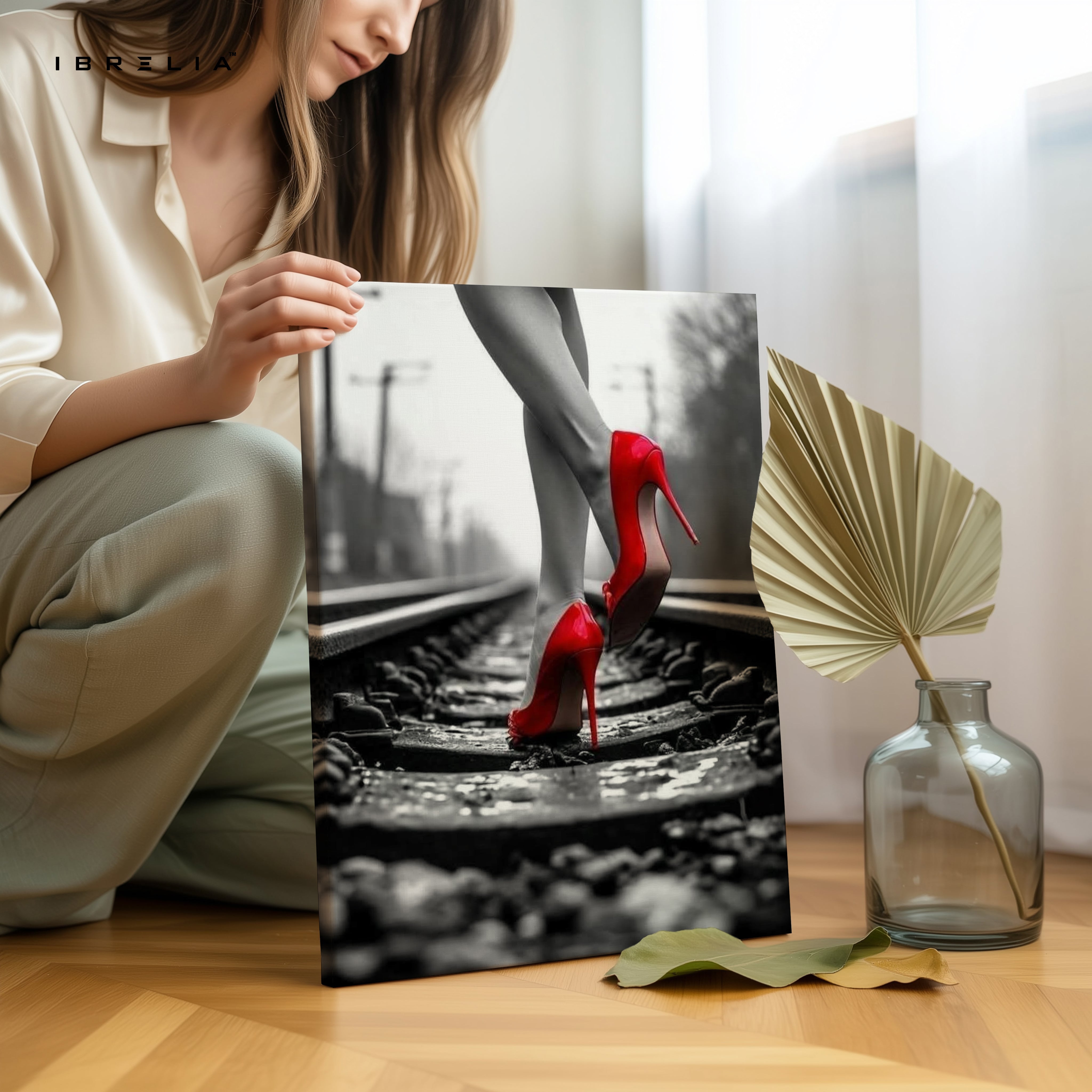 Red Heels on Railway Noir Art – 4K Ultra Wrap Frame Wall Art in Pakistan | IBRELIA™