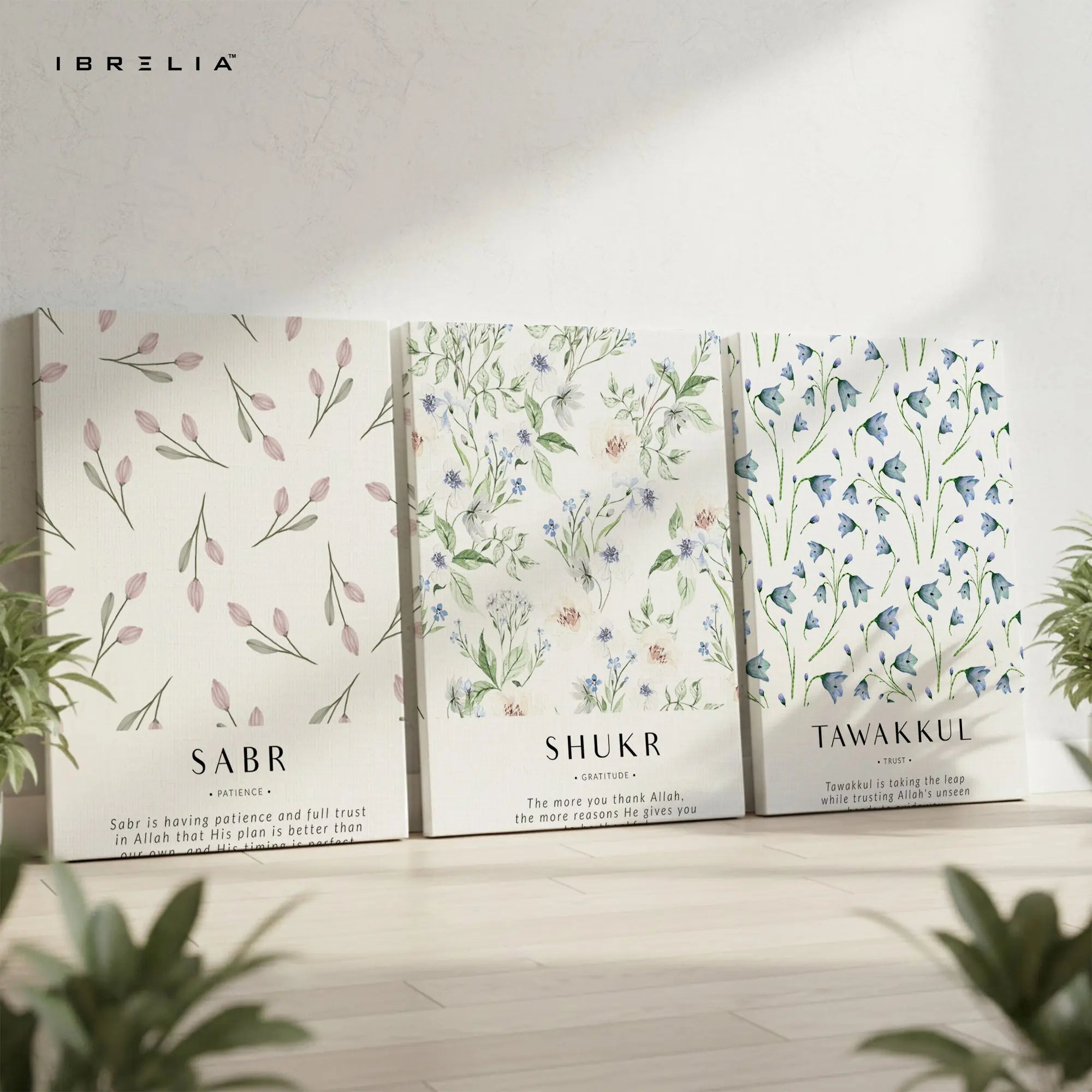 Sabr Shukr Tawakkul Botanical Islamic 3 Panel 4K Ultra HD Wall Art in Pakistan | IBRELIA™ IBRELIA