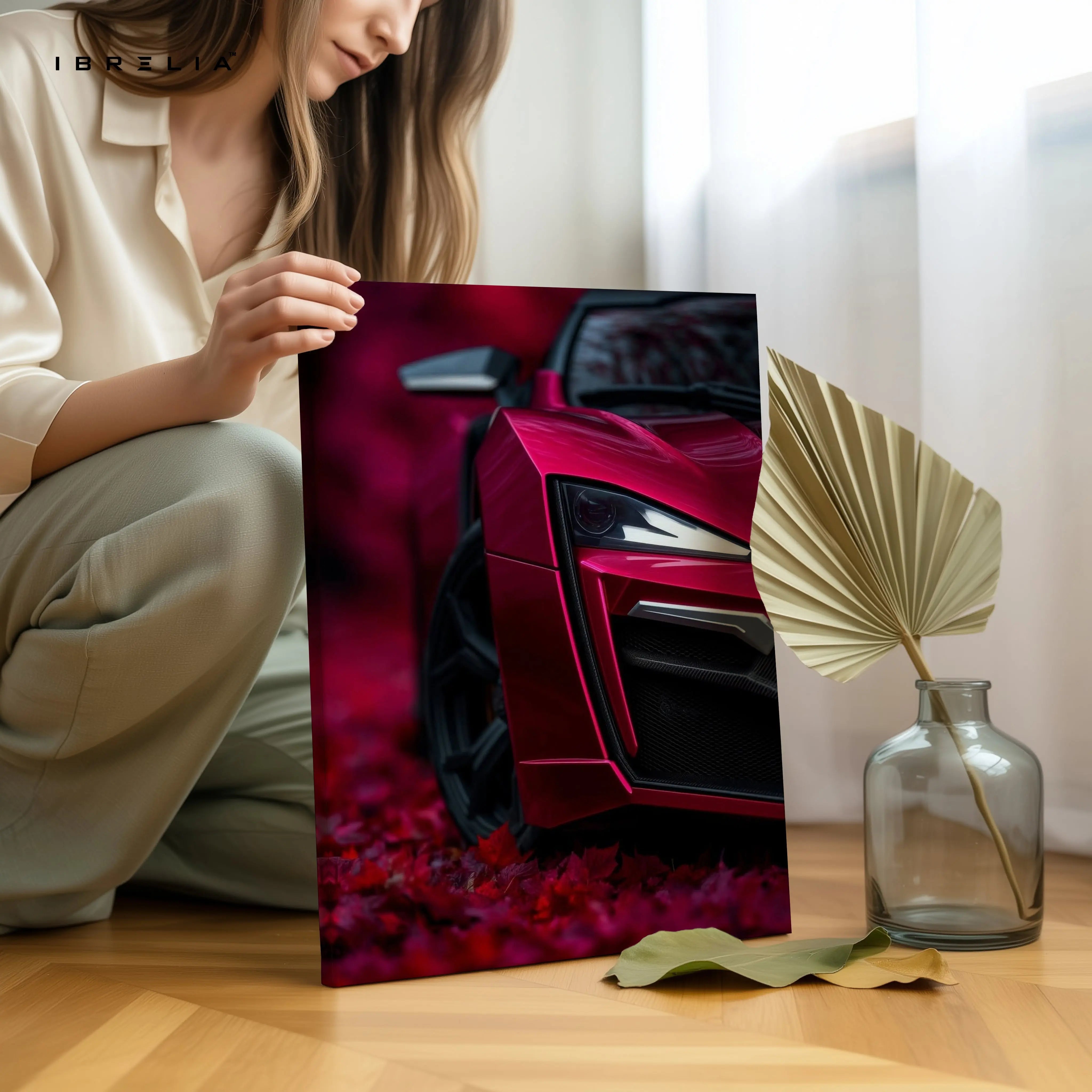 Crimson Supercar Headlight Close-Up – 4K Ultra Wrap Frame Wall Art in Pakistan | IBRELIA™ IBRELIA