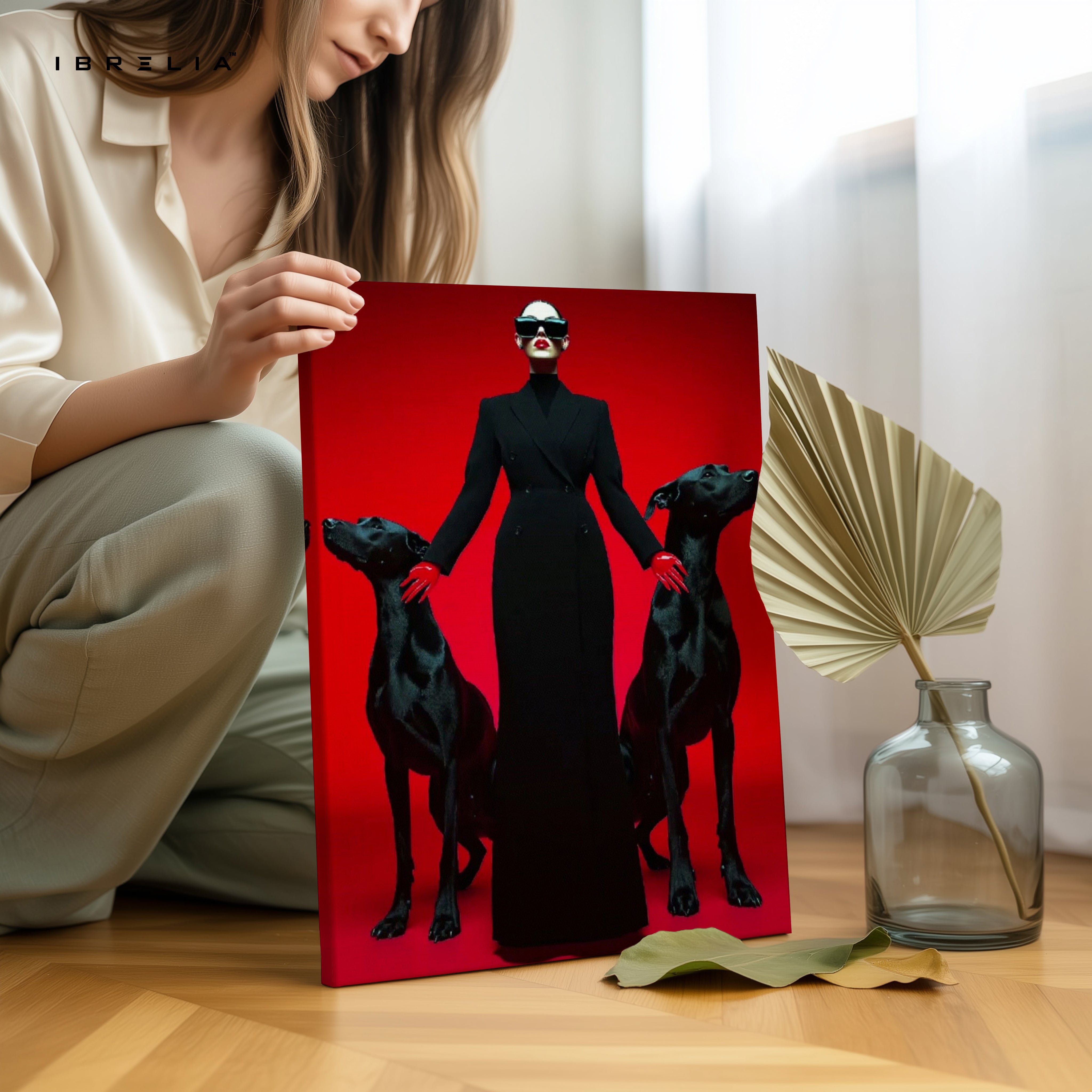 Dominance & Elegance – Fashion Woman with Dobermans 4K Ultra Wrap Frame Wall Art in Pakistan | IBRELIA™ IBRELIA