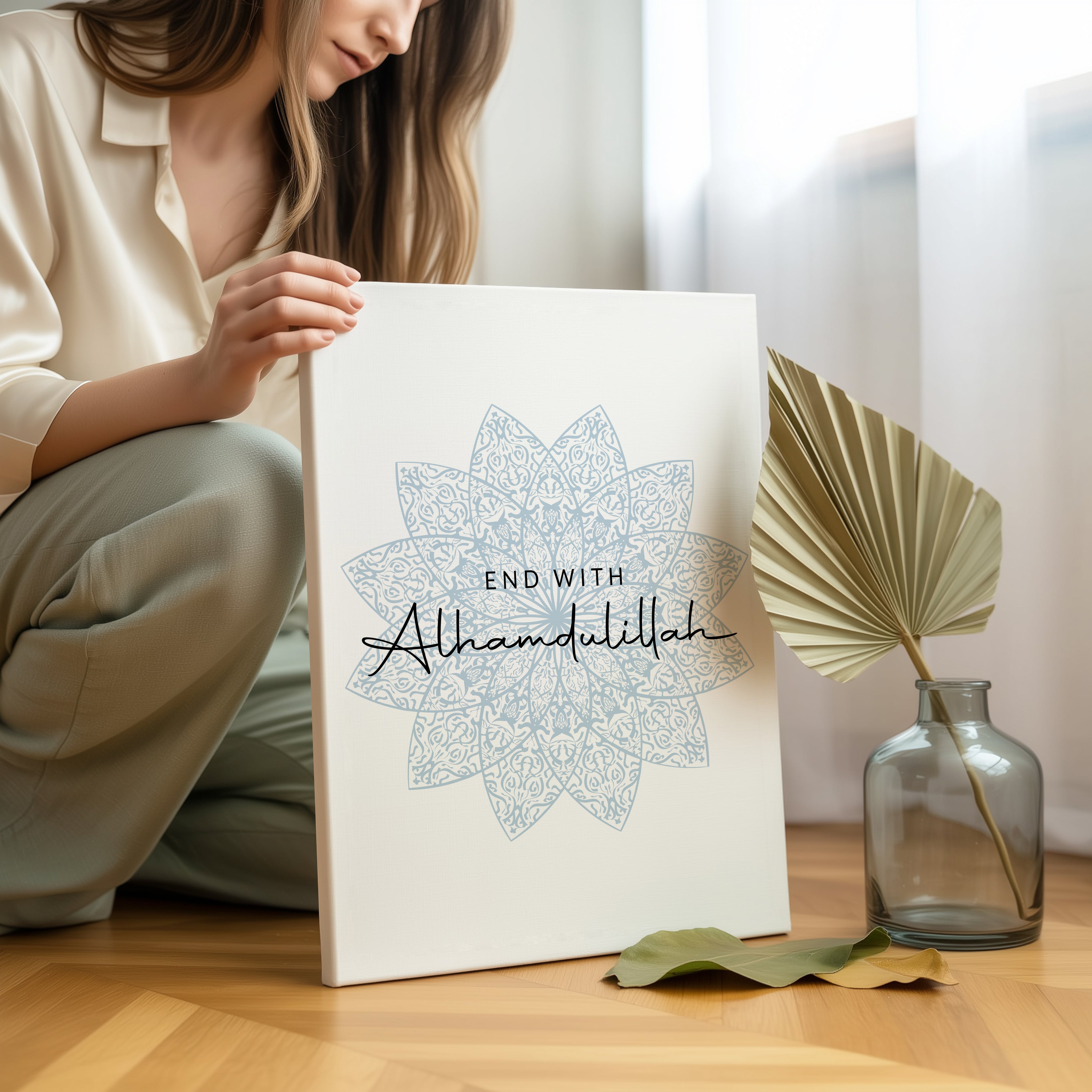 End With Alhamdulillah Islamic Wall Art – Soft Blue Mandala Design | 4K Ultra Wrap Frame Wall Art in Pakistan | IBRELIA™